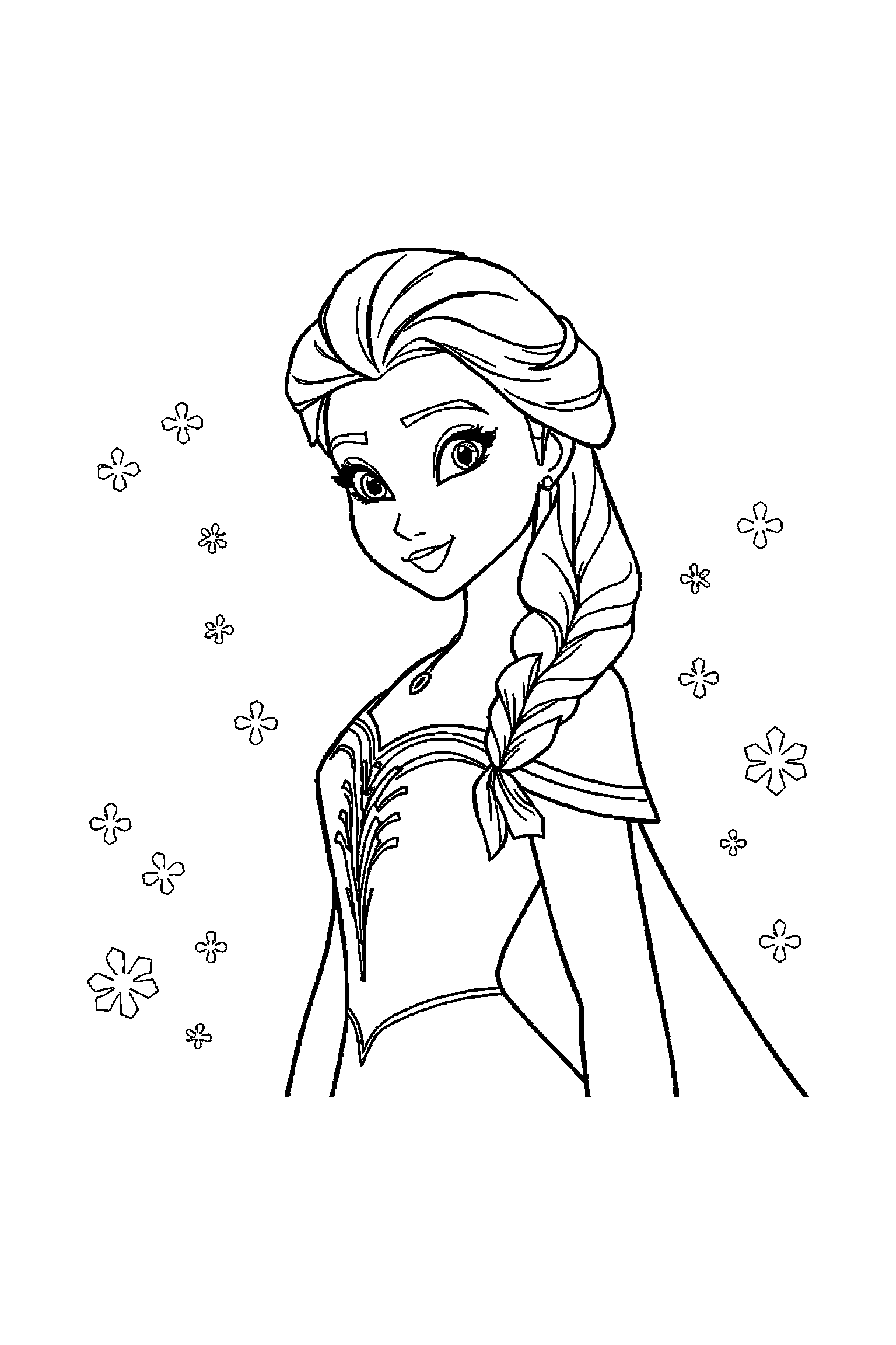 Coloriage Reine des Neiges gratuit à imprimer : Elsa assis qui sourit de tout son cœur