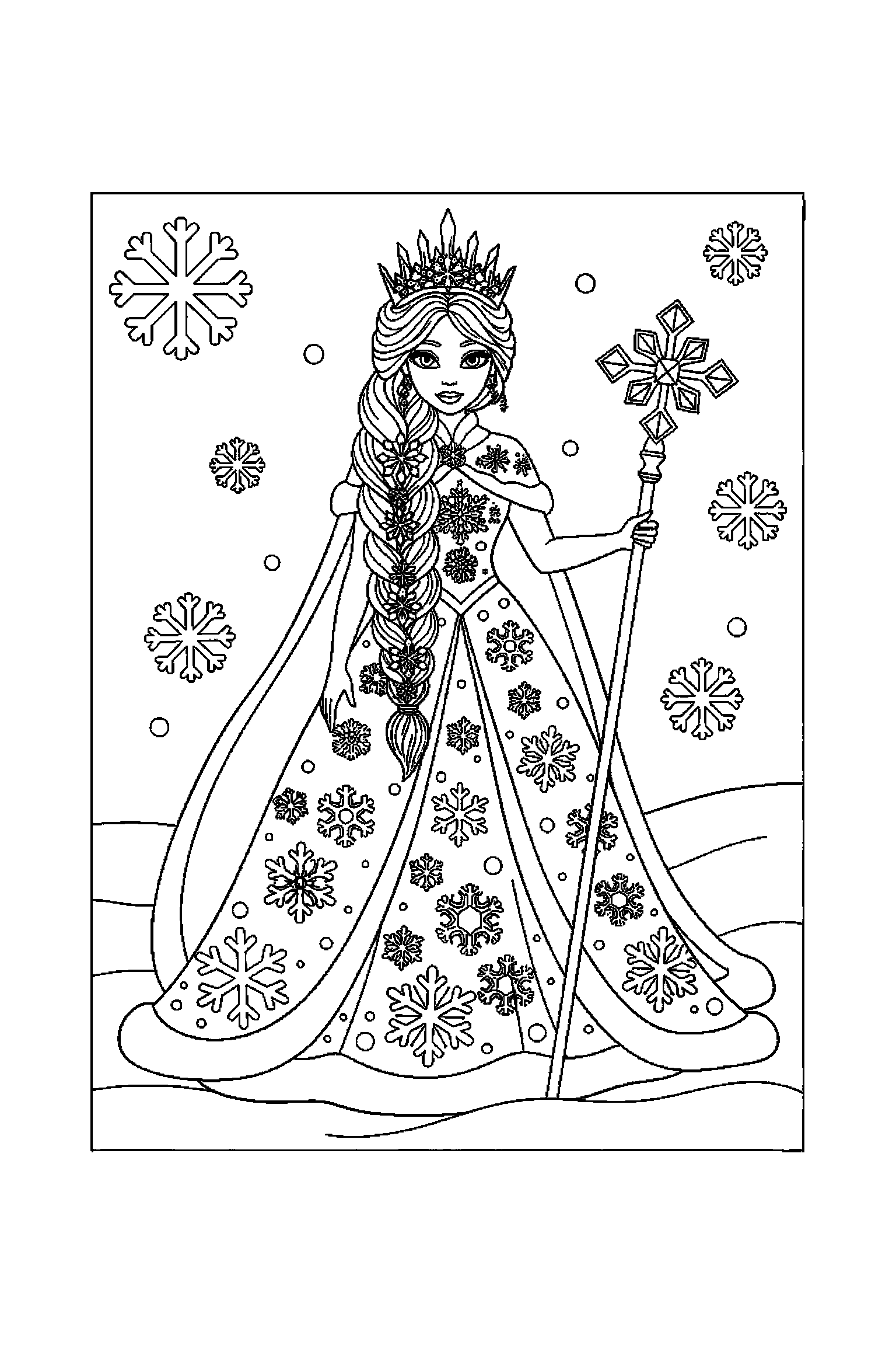 Coloriage Reine des Neiges gratuit à imprimer : Elsa assis qui sourit de tout son cœur
