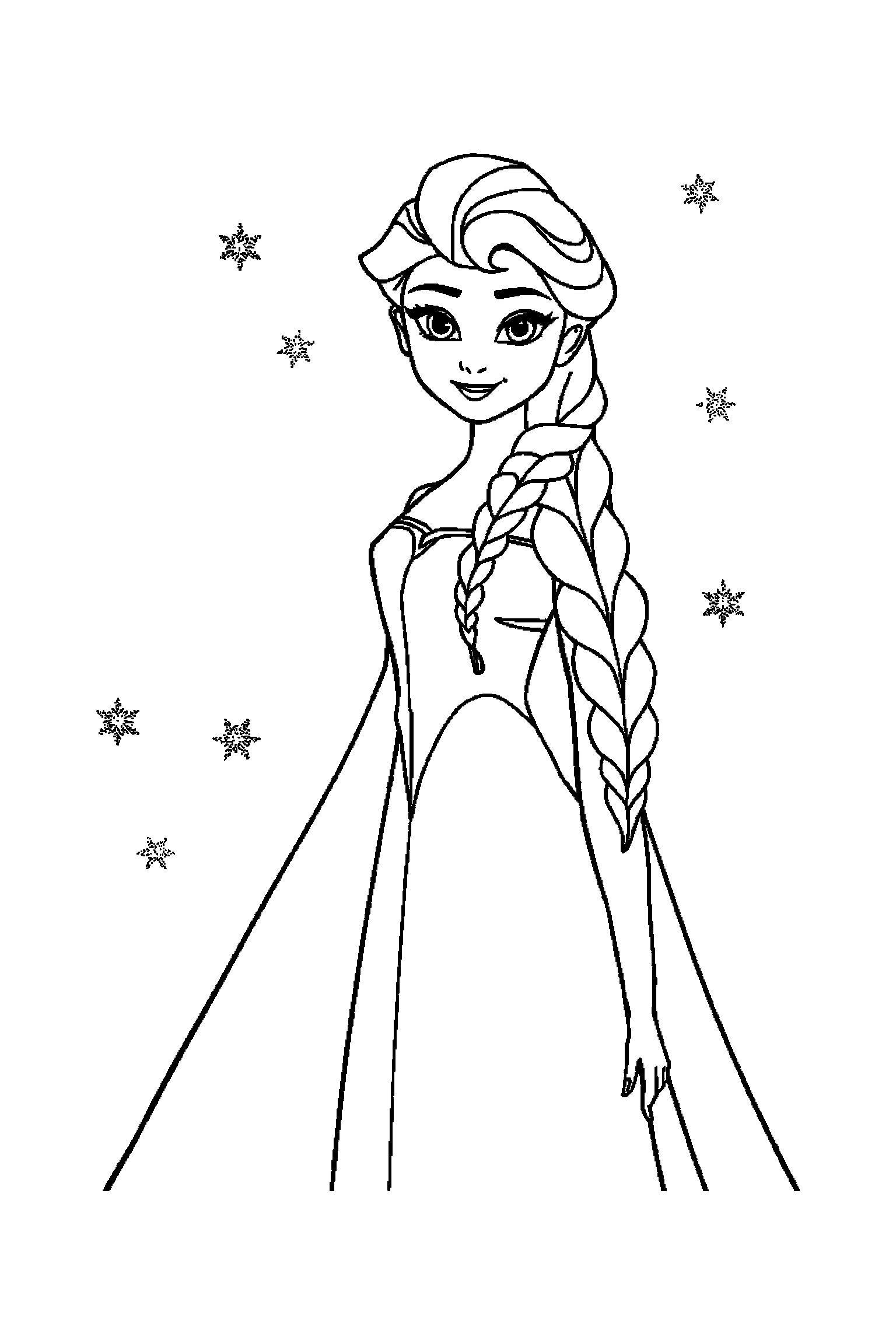 Coloriage Reine des Neiges gratuit à imprimer : Anna debout avec les deux bras visibles et bien attachés au corps