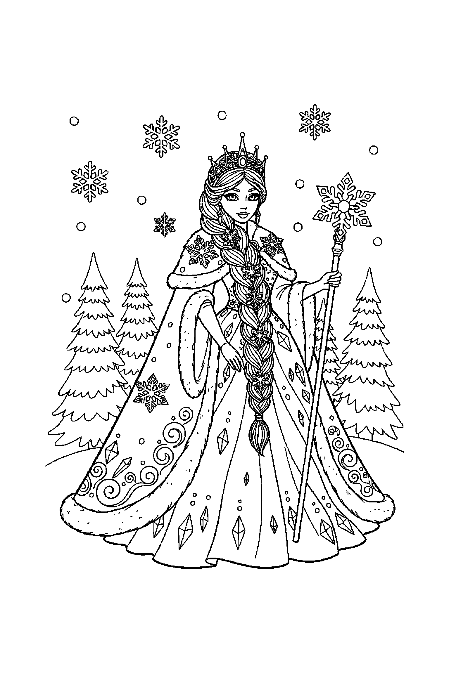 Coloriage Reine des Neiges gratuit à imprimer : Anna debout avec les deux bras visibles et bien attachés au corps