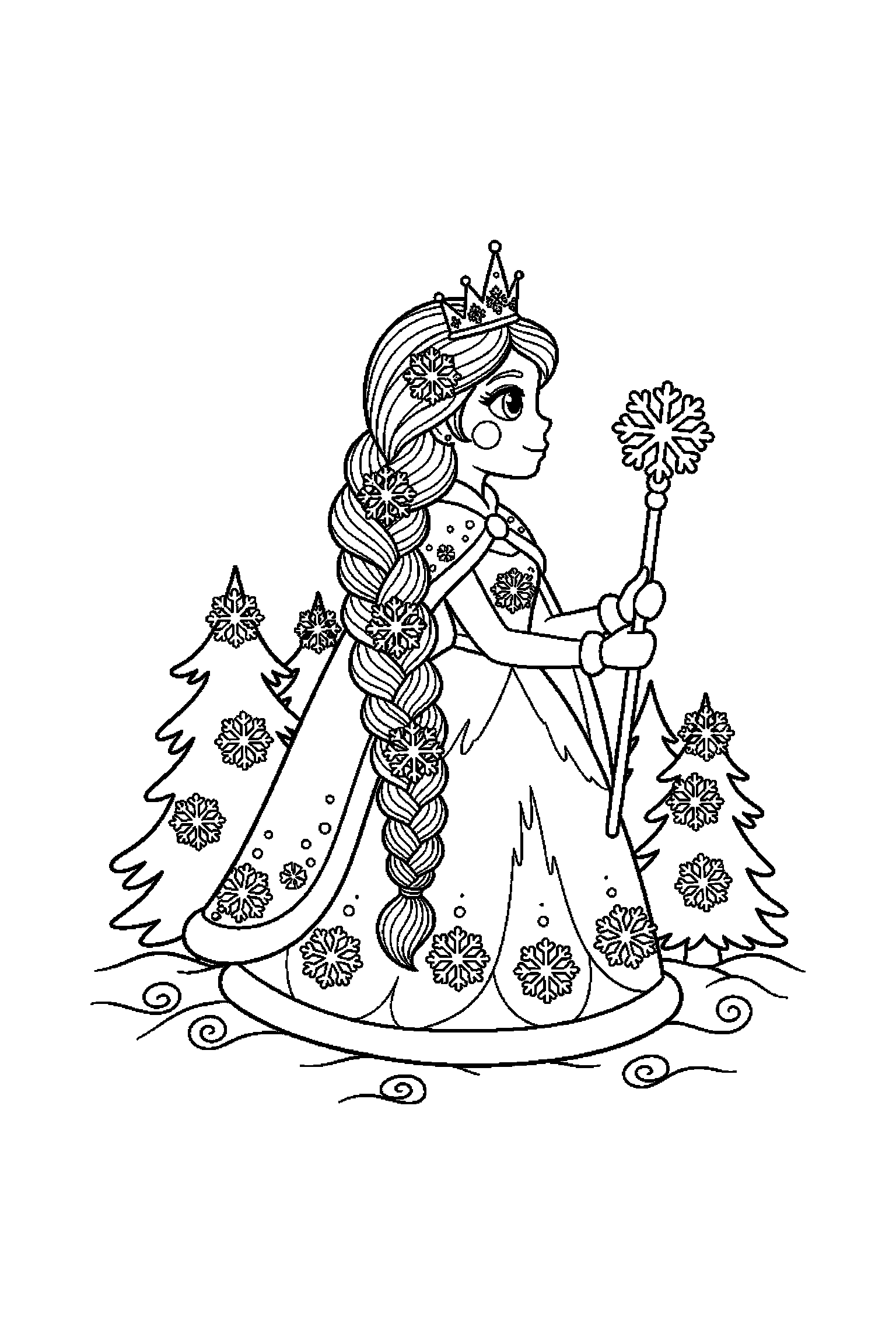 Coloriage Reine des Neiges gratuit à imprimer : une princesse des neiges tenant une fleur