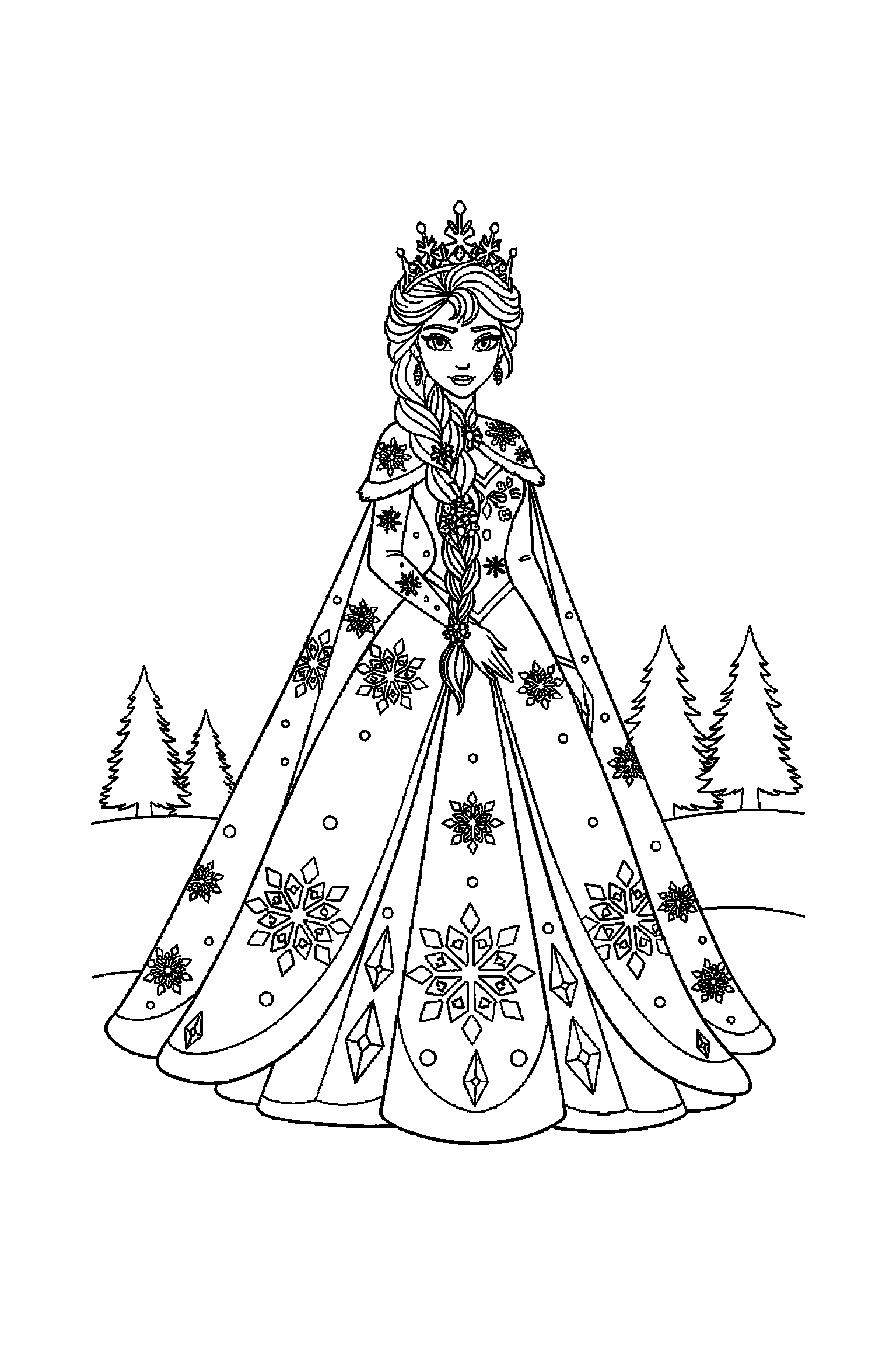 Coloriage Reine des Neiges gratuit à imprimer : Anna qui montre une couronne avec un bras bien attaché au corps