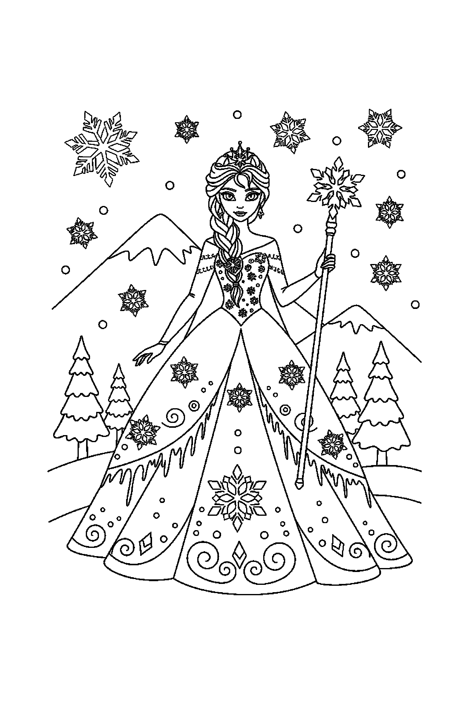 Coloriage Reine des Neiges gratuit à imprimer : Olaf souriant devant un grand motif étoiles