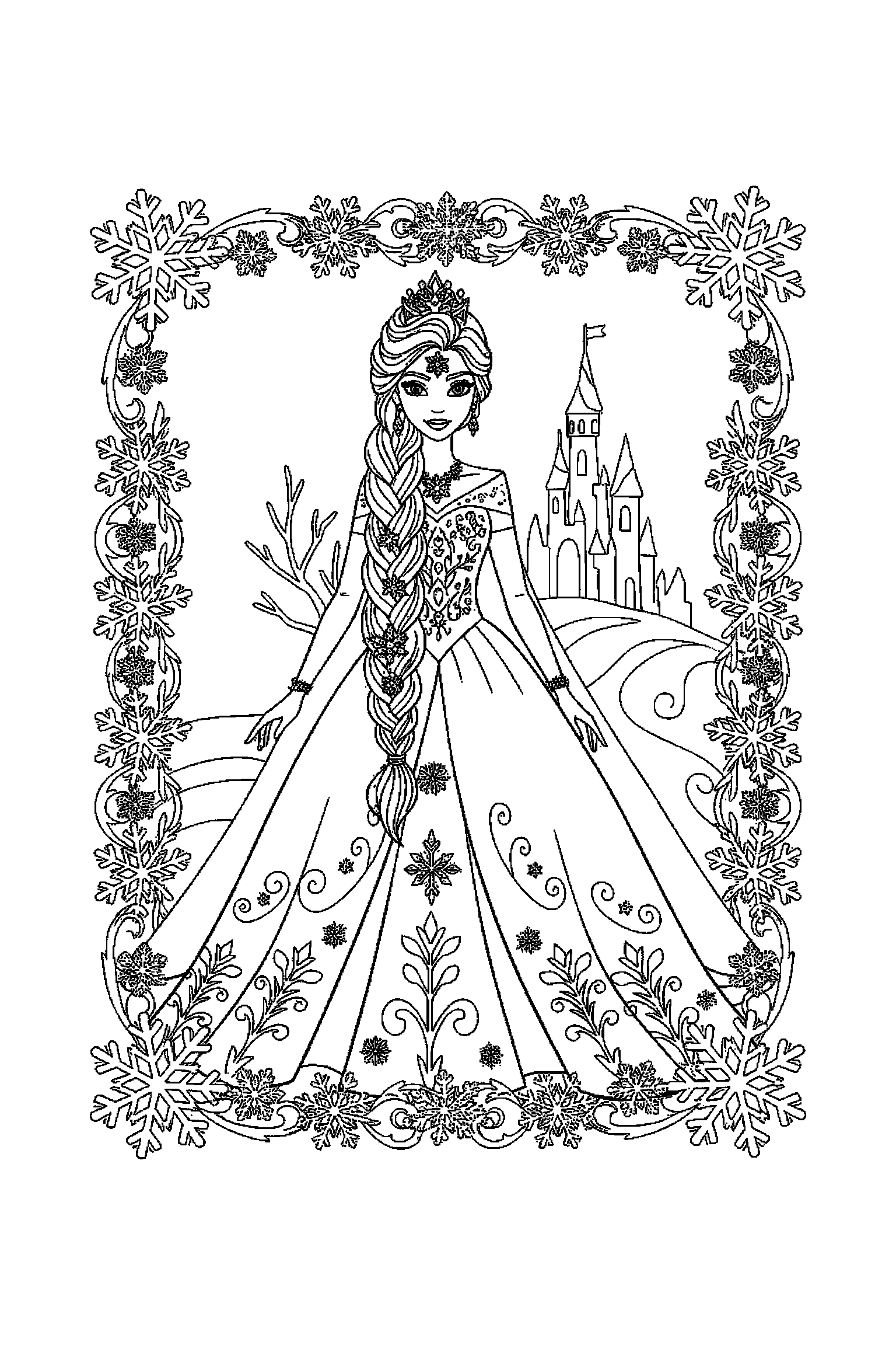 Coloriage Reine des Neiges gratuit à imprimer : une princesse des neiges qui marche calmement