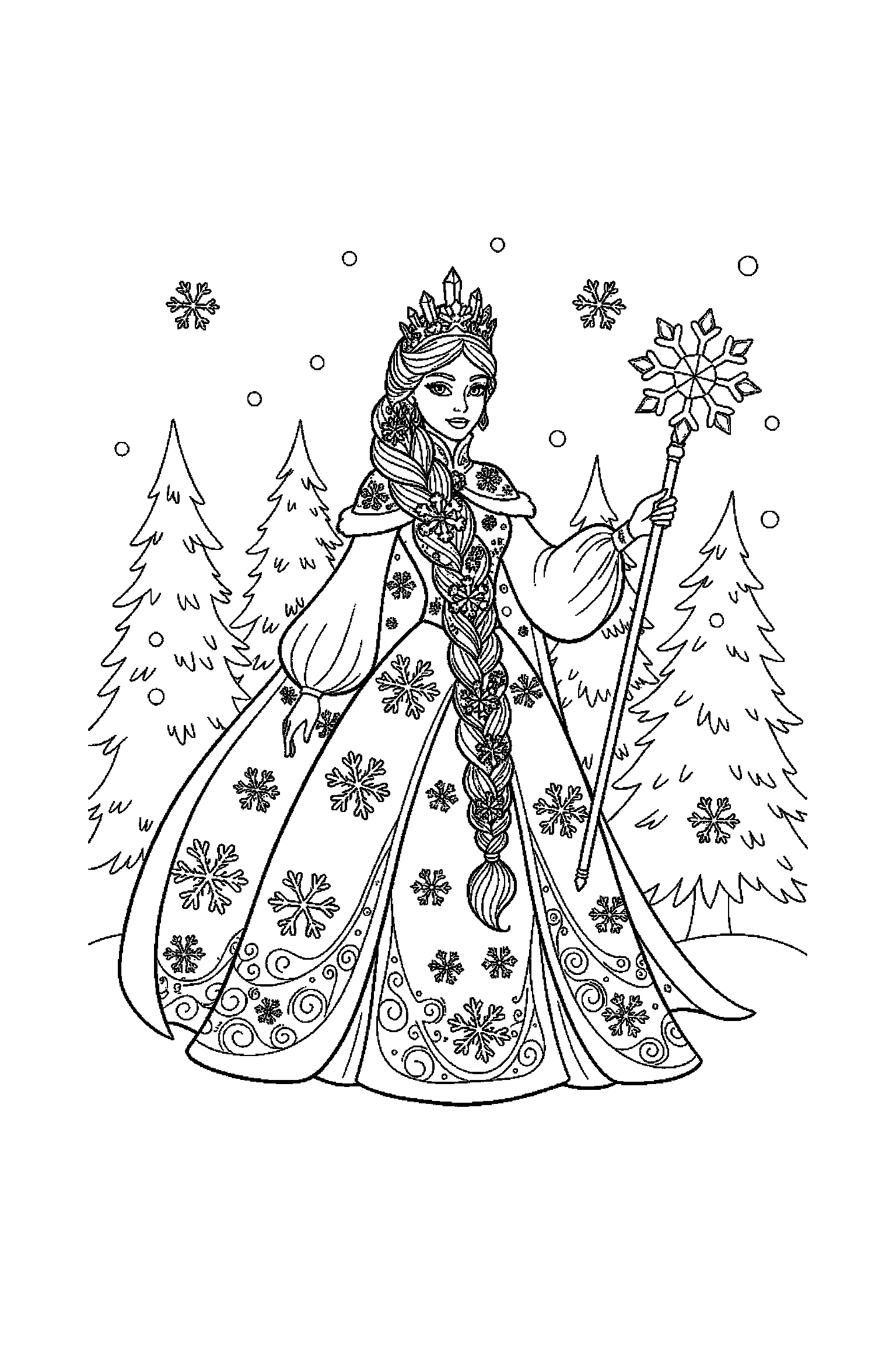 Coloriage Reine des Neiges gratuit à imprimer : une princesse des neiges prêt pour une aventure