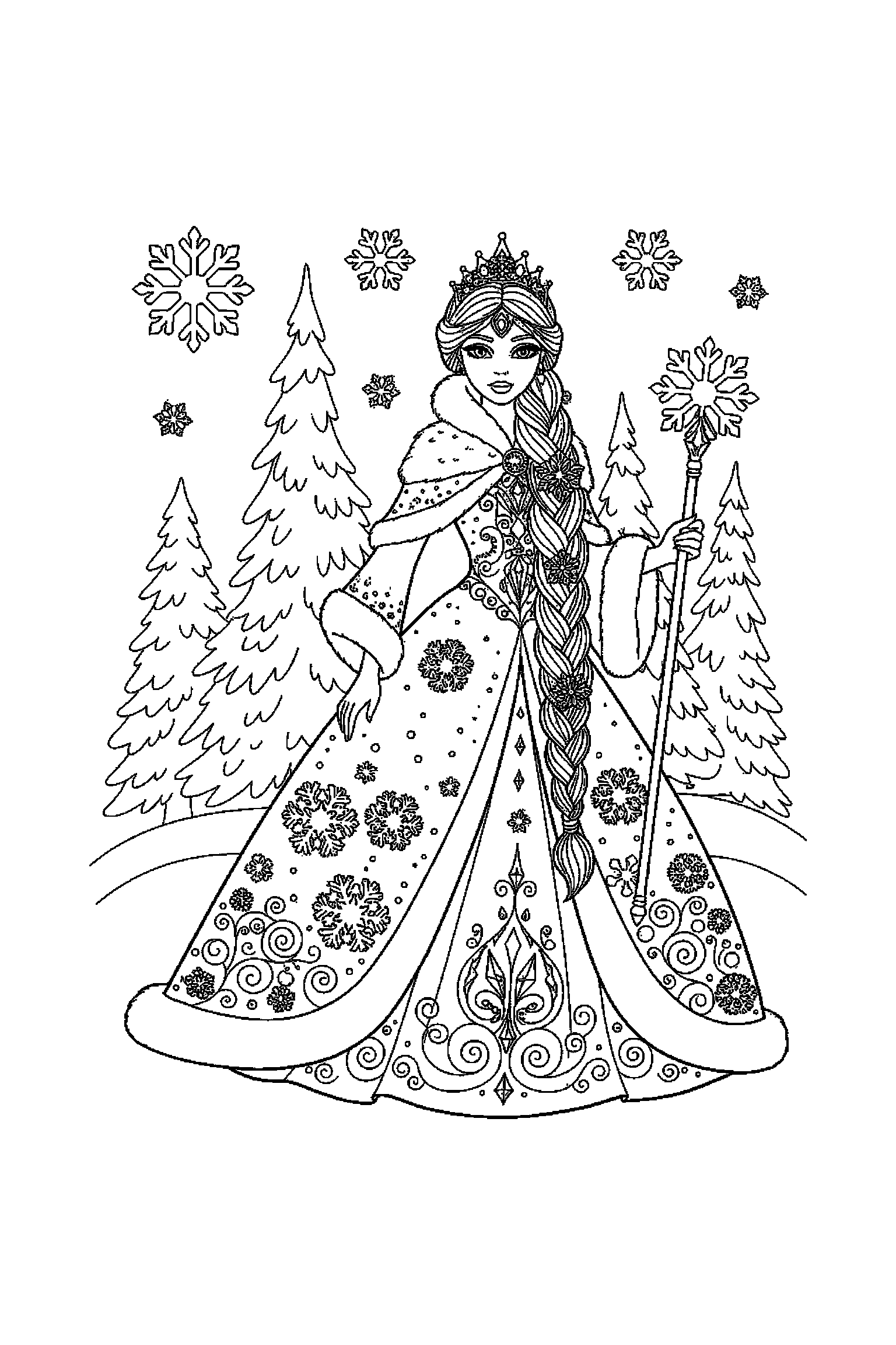 Coloriage Reine des Neiges gratuit à imprimer : une princesse des neiges dans une pose de profil simple