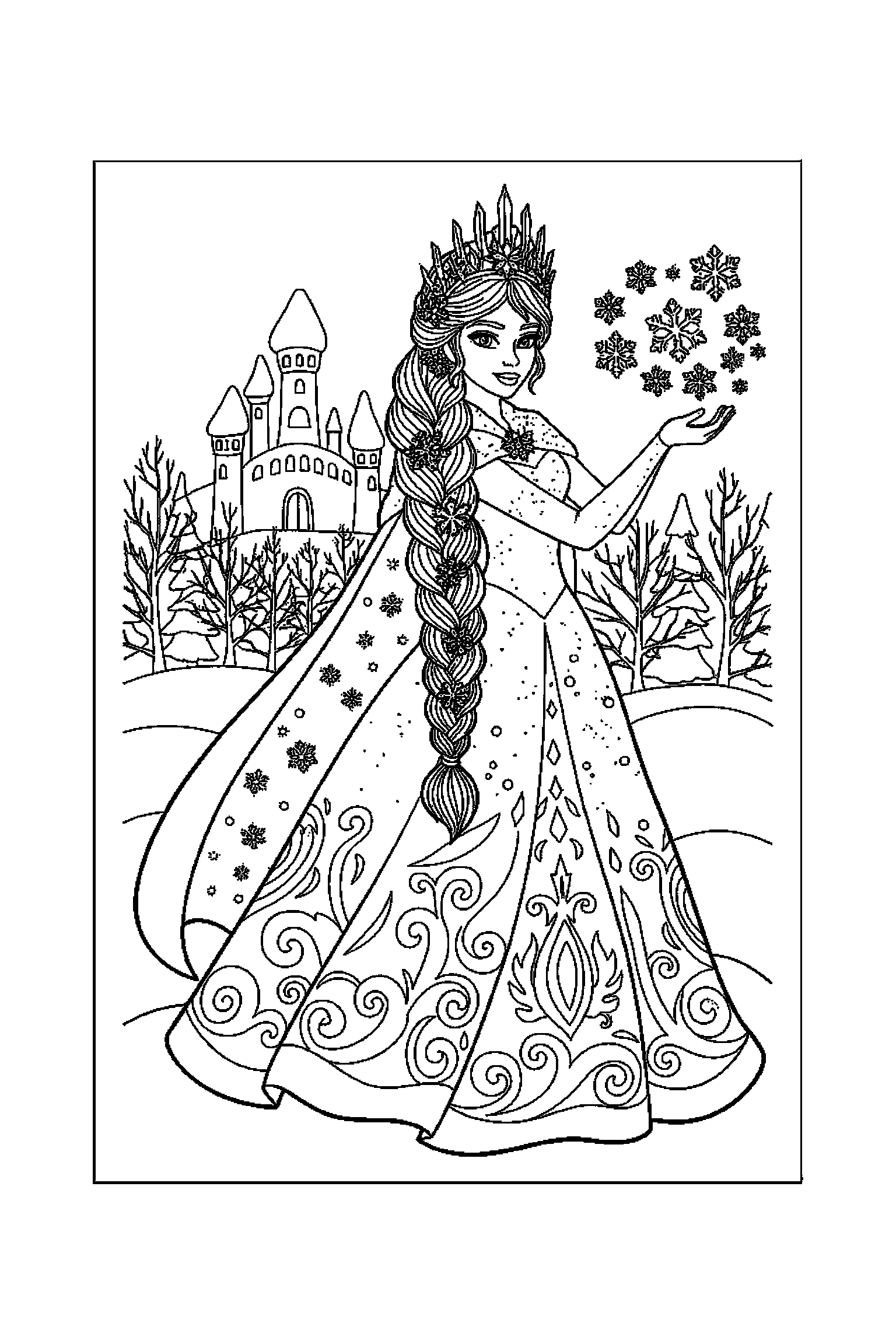 Coloriage Reine des Neiges gratuit à imprimer : Anna avec une couronne et des motifs cristaux