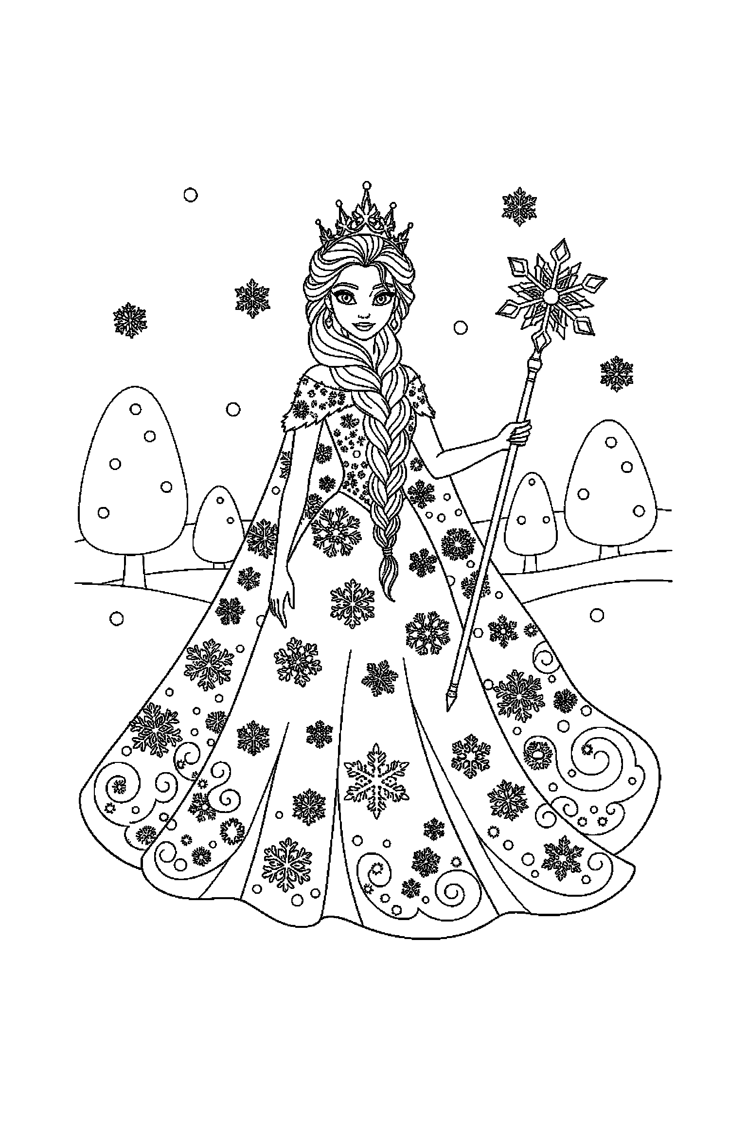 Coloriage Reine des Neiges gratuit à imprimer : une princesse des neiges avec deux accessoires à colorier