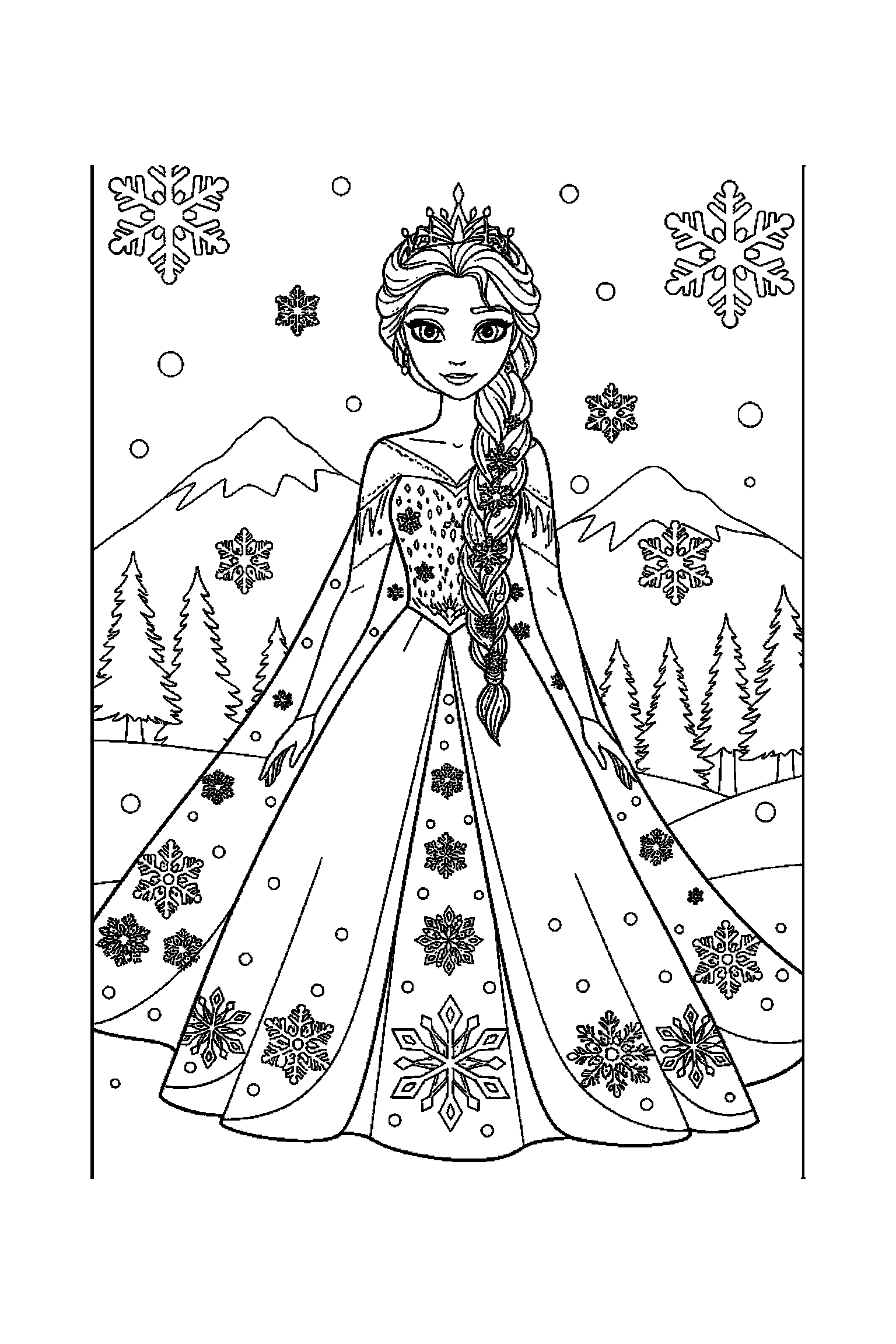 Coloriage Reine des Neiges gratuit à imprimer : Elsa devant un fond décoré avec flocons