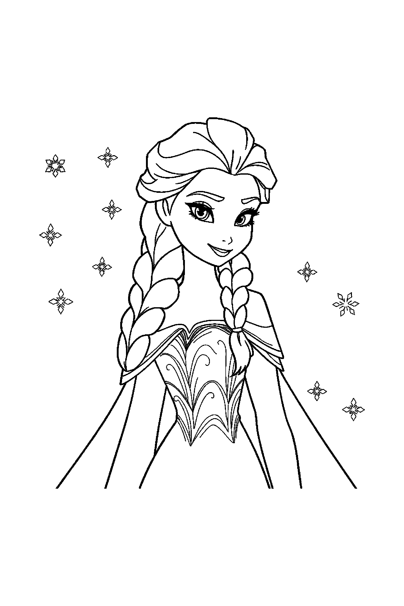 Coloriage Reine des Neiges gratuit à imprimer : Elsa devant un fond décoré avec flocons