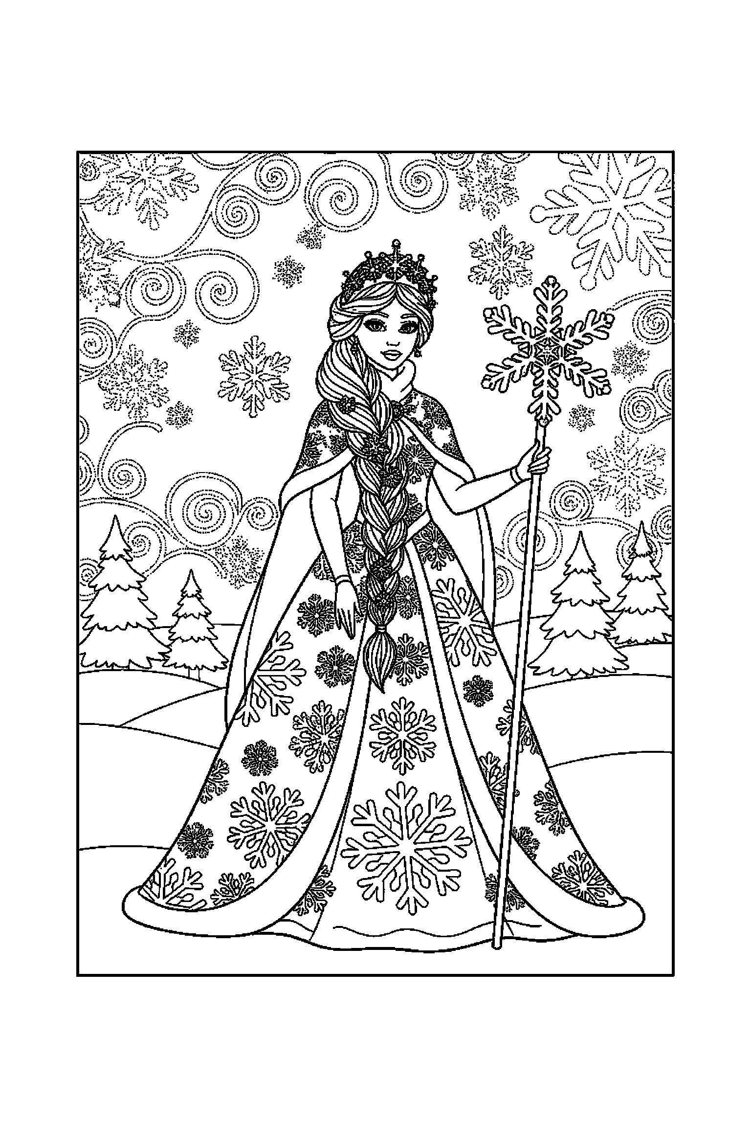 Coloriage Reine des Neiges gratuit à imprimer : une princesse des neiges dans une scène joyeuse