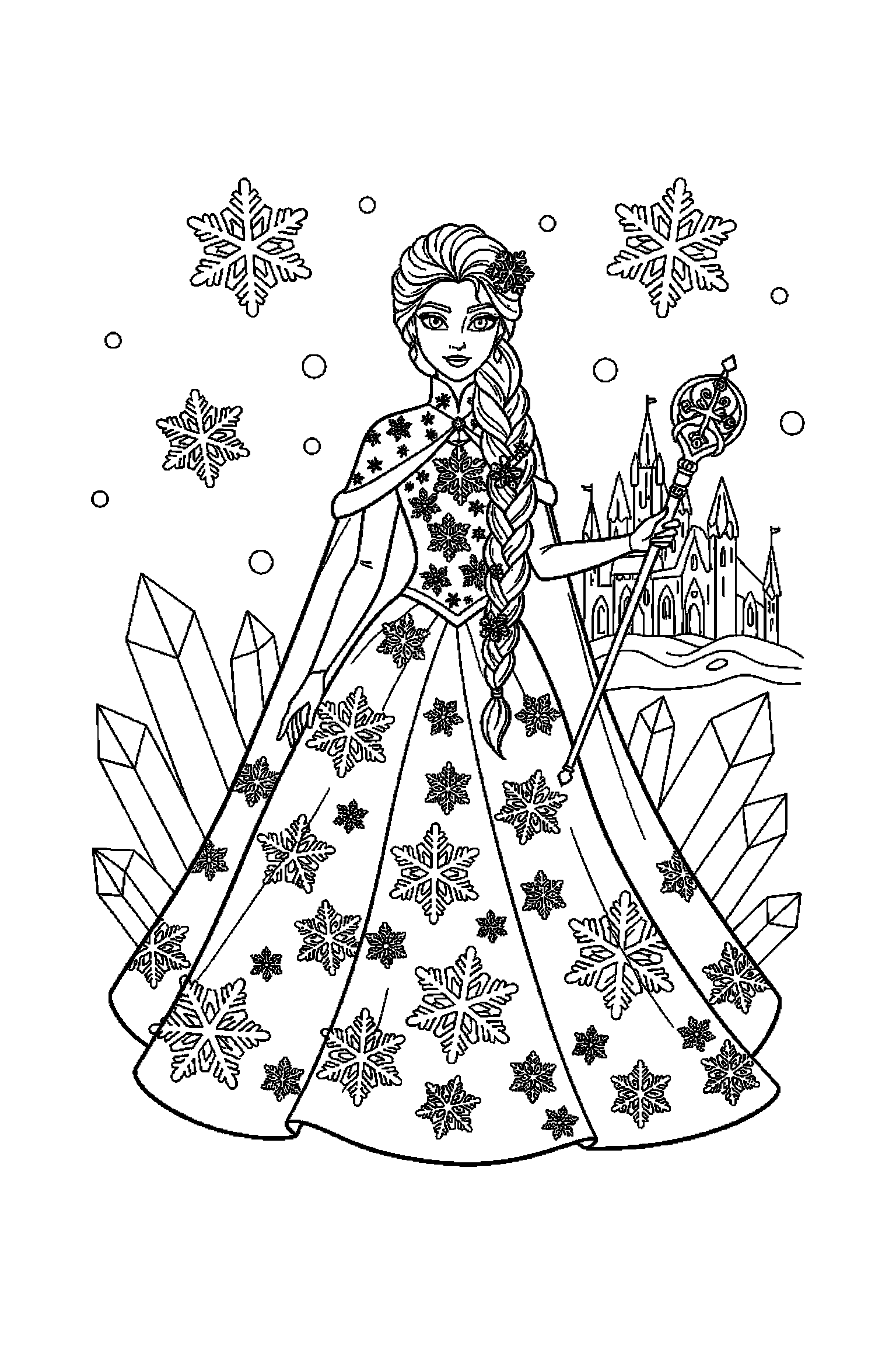 Coloriage Reine des Neiges gratuit à imprimer : Elsa au milieu de grands éléments faciles