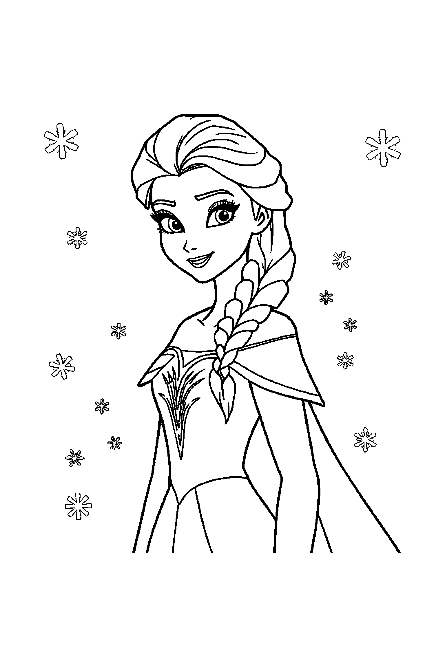 Coloriage Reine des Neiges gratuit à imprimer : Elsa au milieu de grands éléments faciles