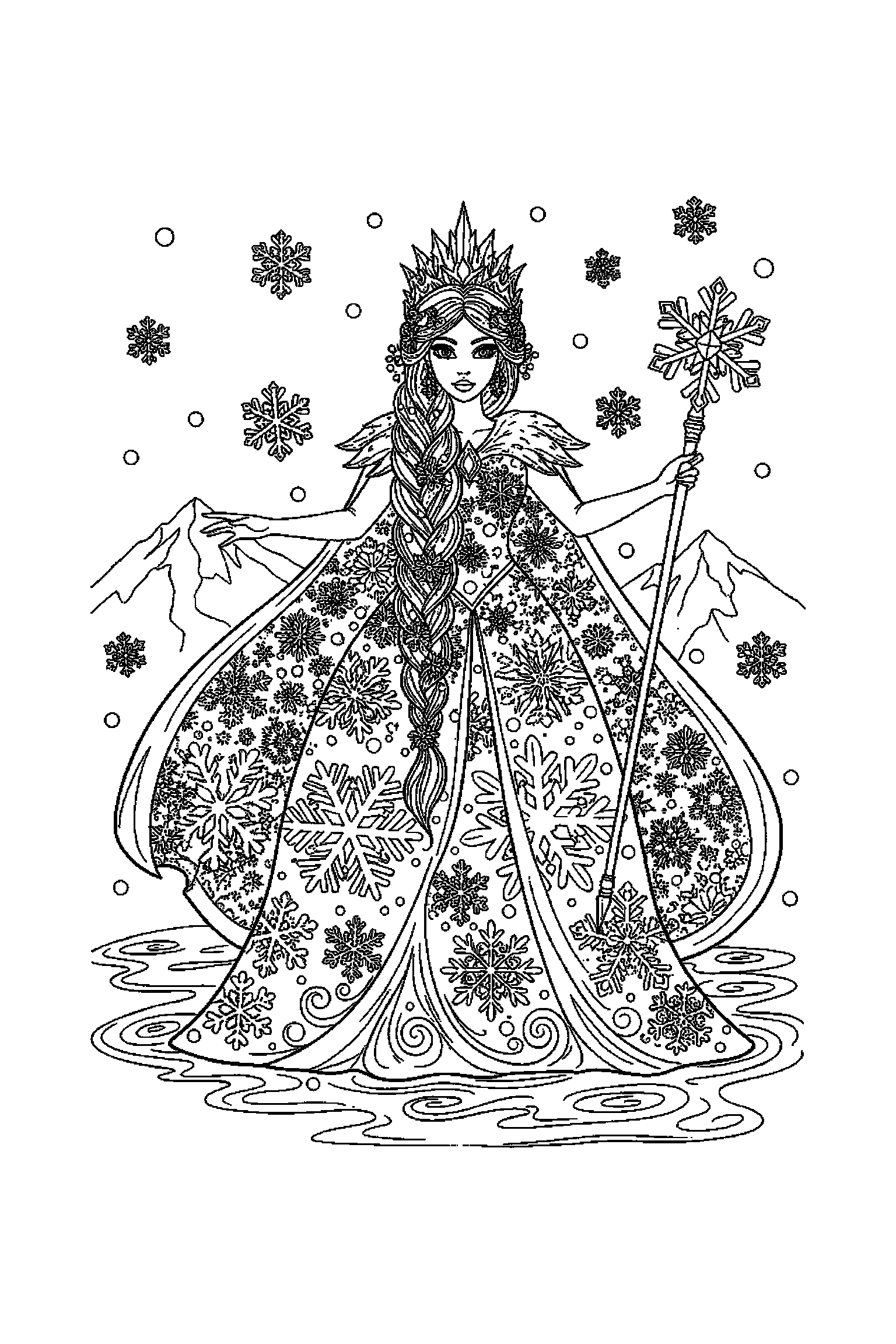 Coloriage Reine des Neiges gratuit à imprimer : Elsa dans un palais de glace avec plusieurs détails