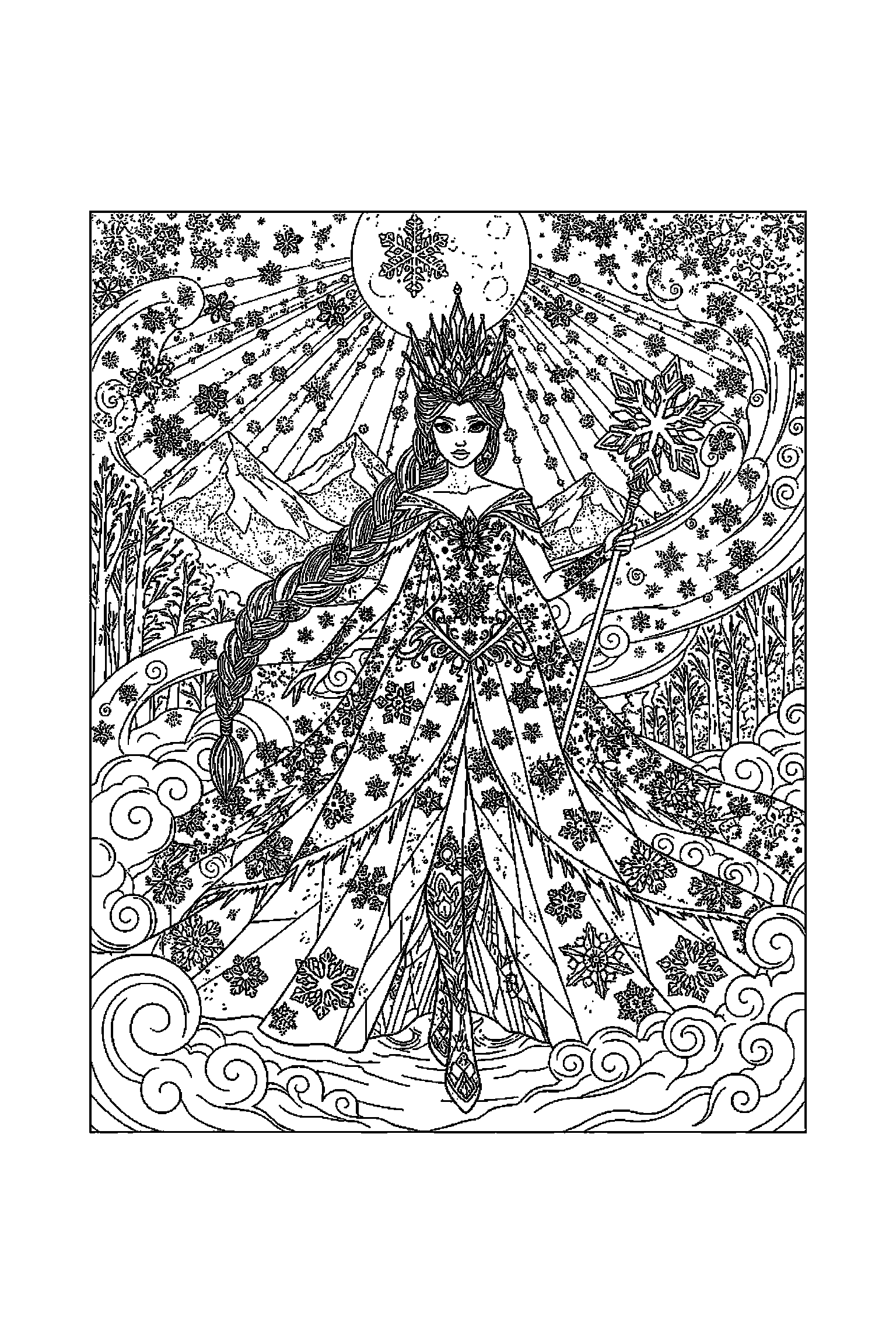 Coloriage Reine des Neiges gratuit à imprimer : Anna entouré par des motifs cristaux et de petits objets