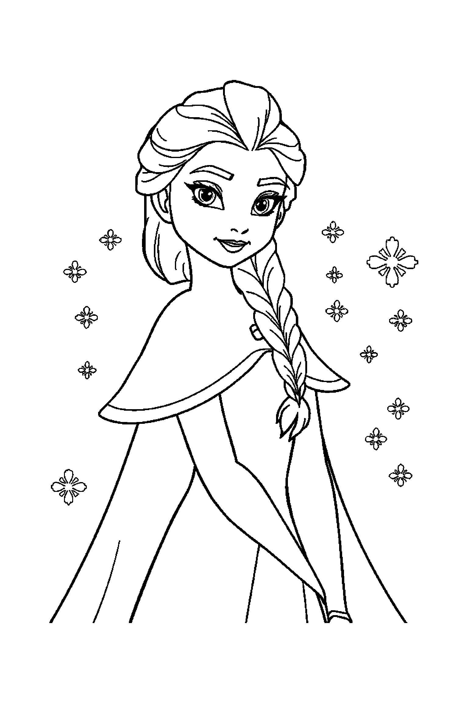 Coloriage Reine des Neiges gratuit à imprimer : Anna entouré par des motifs cristaux et de petits objets
