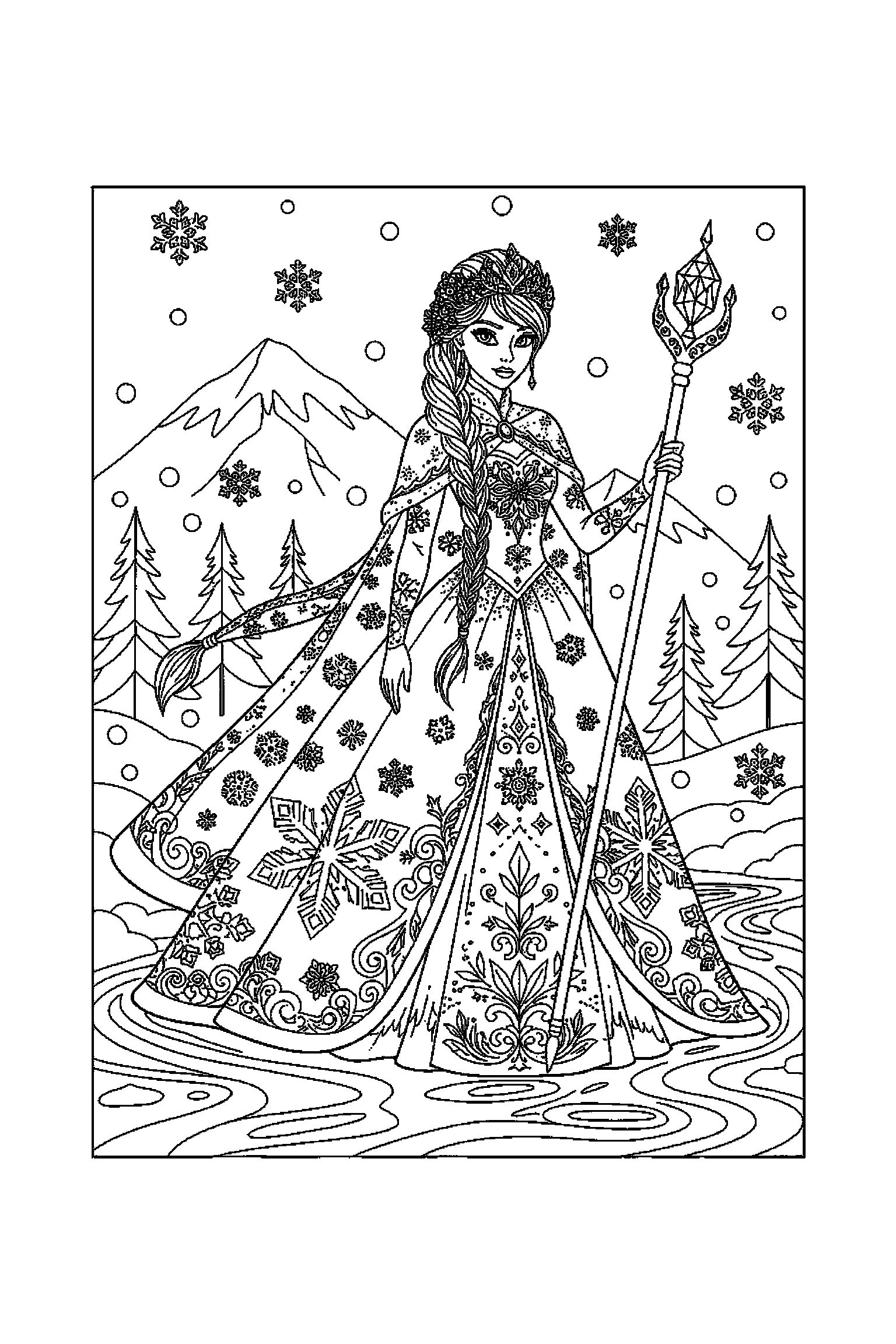 Coloriage Reine des Neiges gratuit à imprimer : scène verticale avec Olaf et Elsa, Anna et Olaf