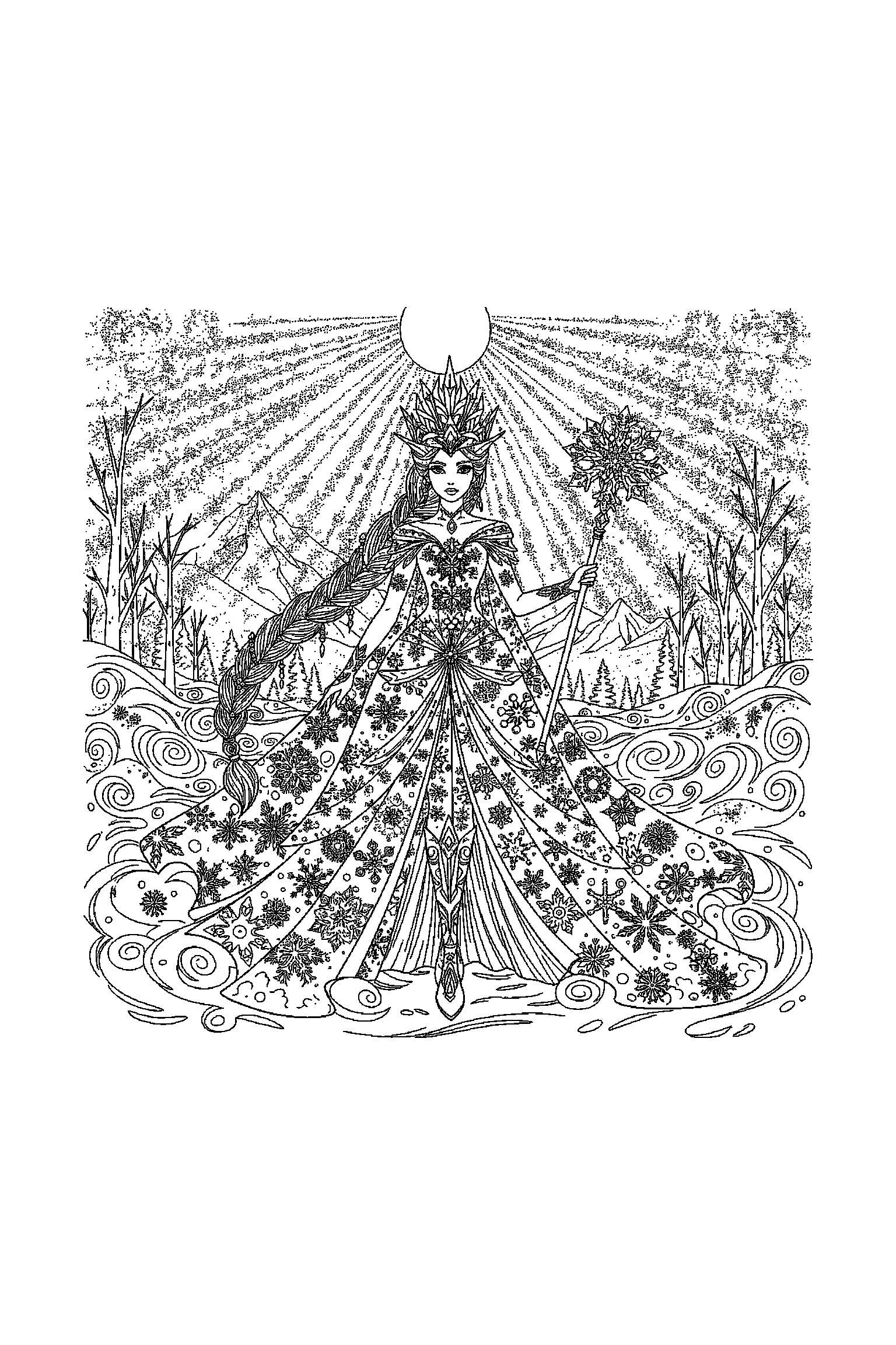 Coloriage Reine des Neiges gratuit à imprimer : une princesse des neiges avec une étoile, sapins et arrière-plan complet