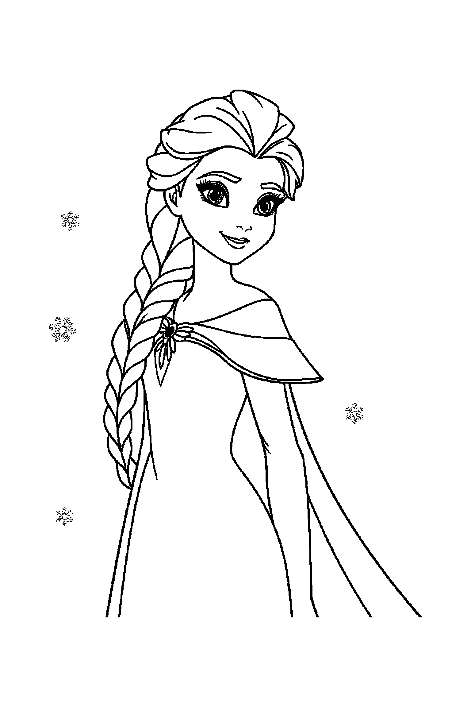 Coloriage Reine des Neiges gratuit à imprimer : une princesse des neiges avec une étoile, sapins et arrière-plan complet