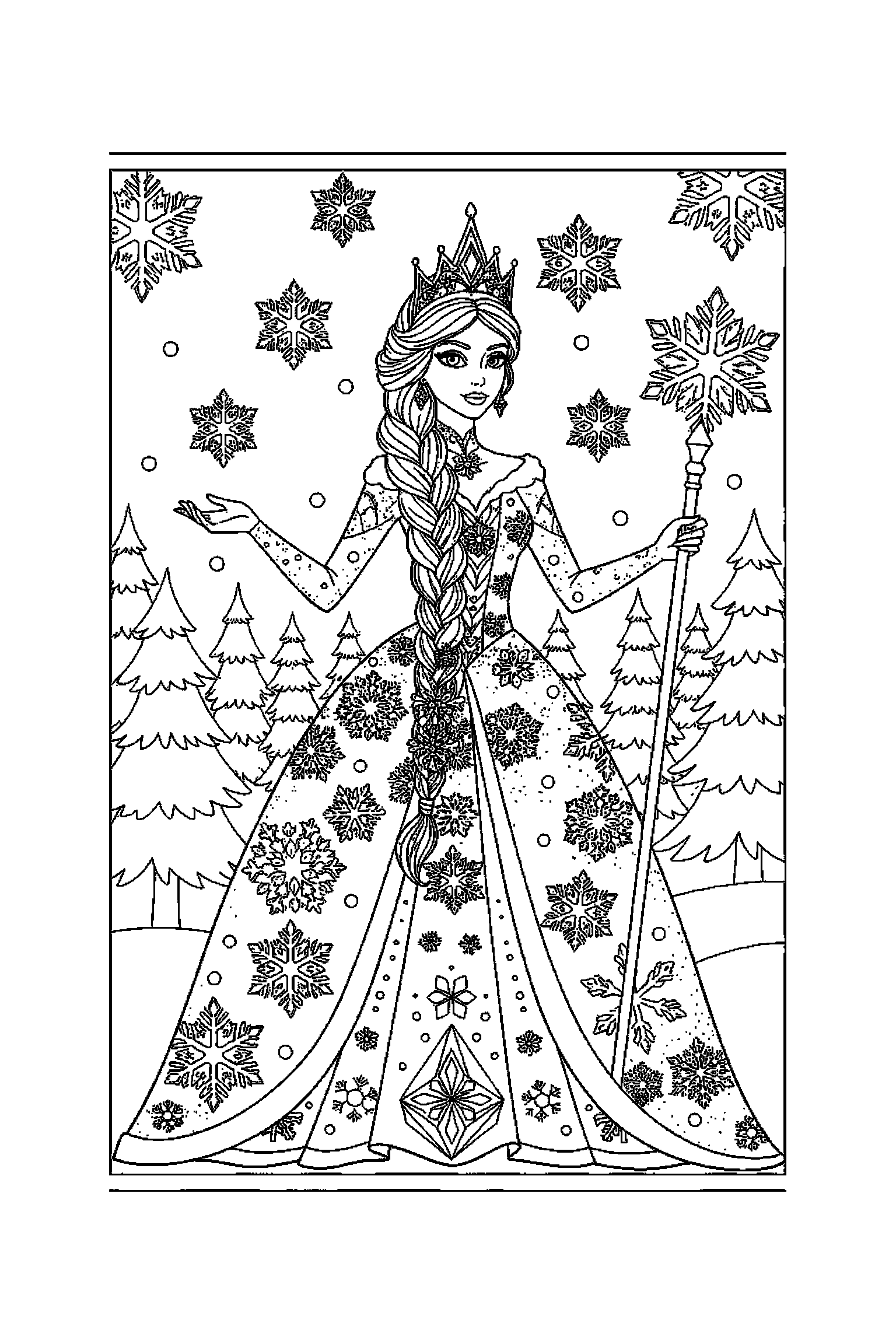 Coloriage Reine des Neiges gratuit à imprimer : Elsa dans une petite scène avec un flocon