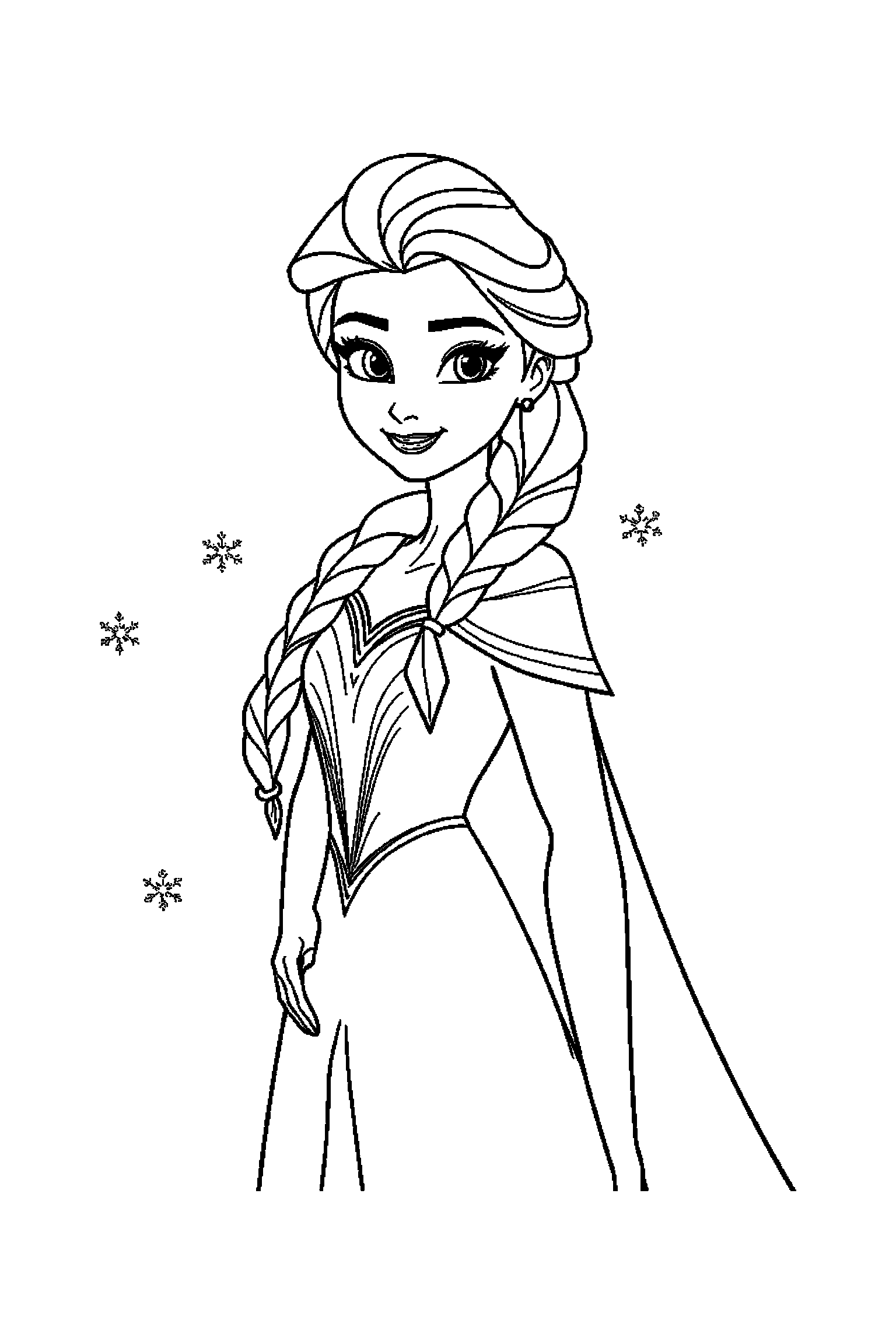 Coloriage Reine des Neiges gratuit à imprimer : Elsa dans une petite scène avec un flocon