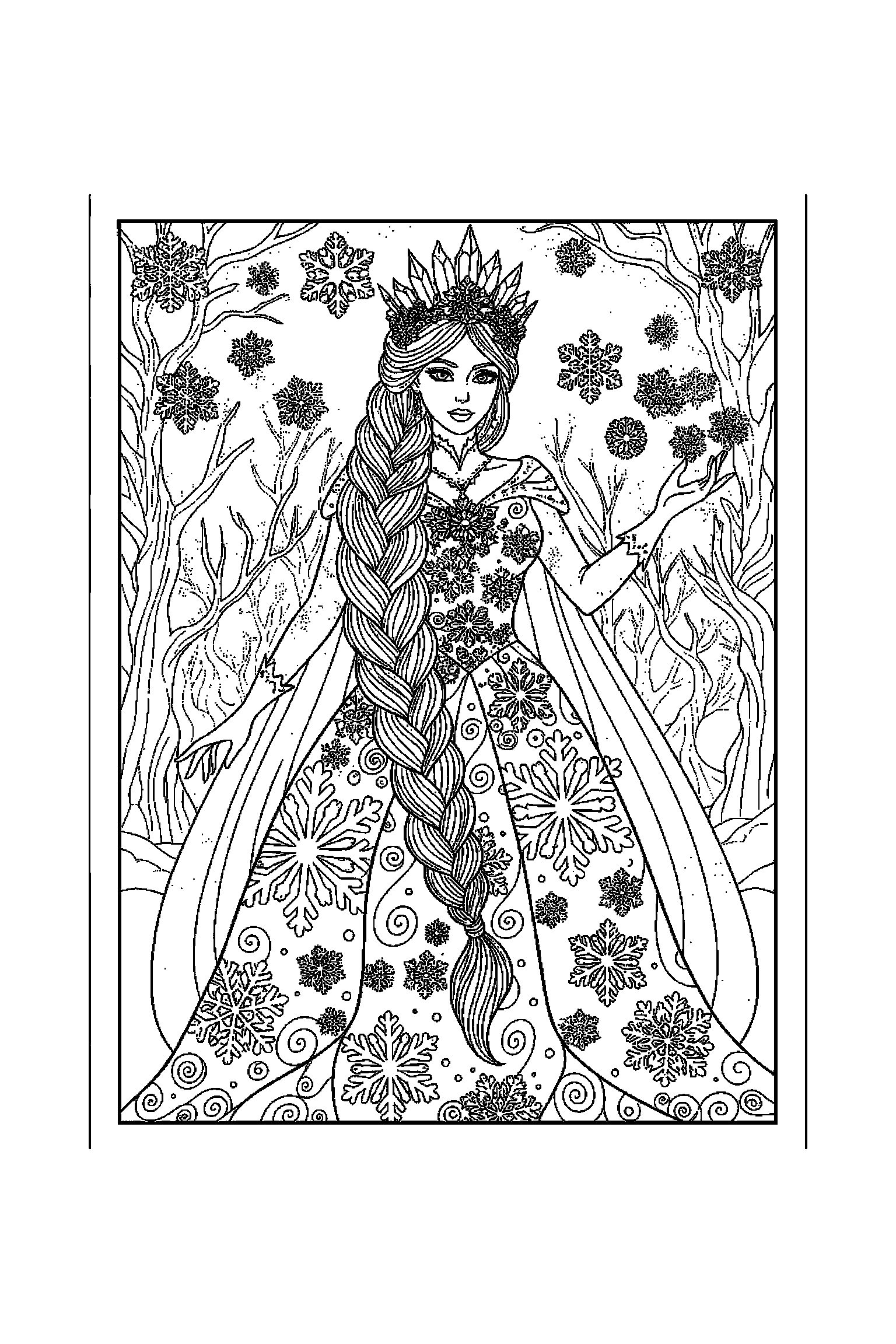 Coloriage Reine des Neiges gratuit à imprimer : Elsa avec décor détaillé de un palais de glace
