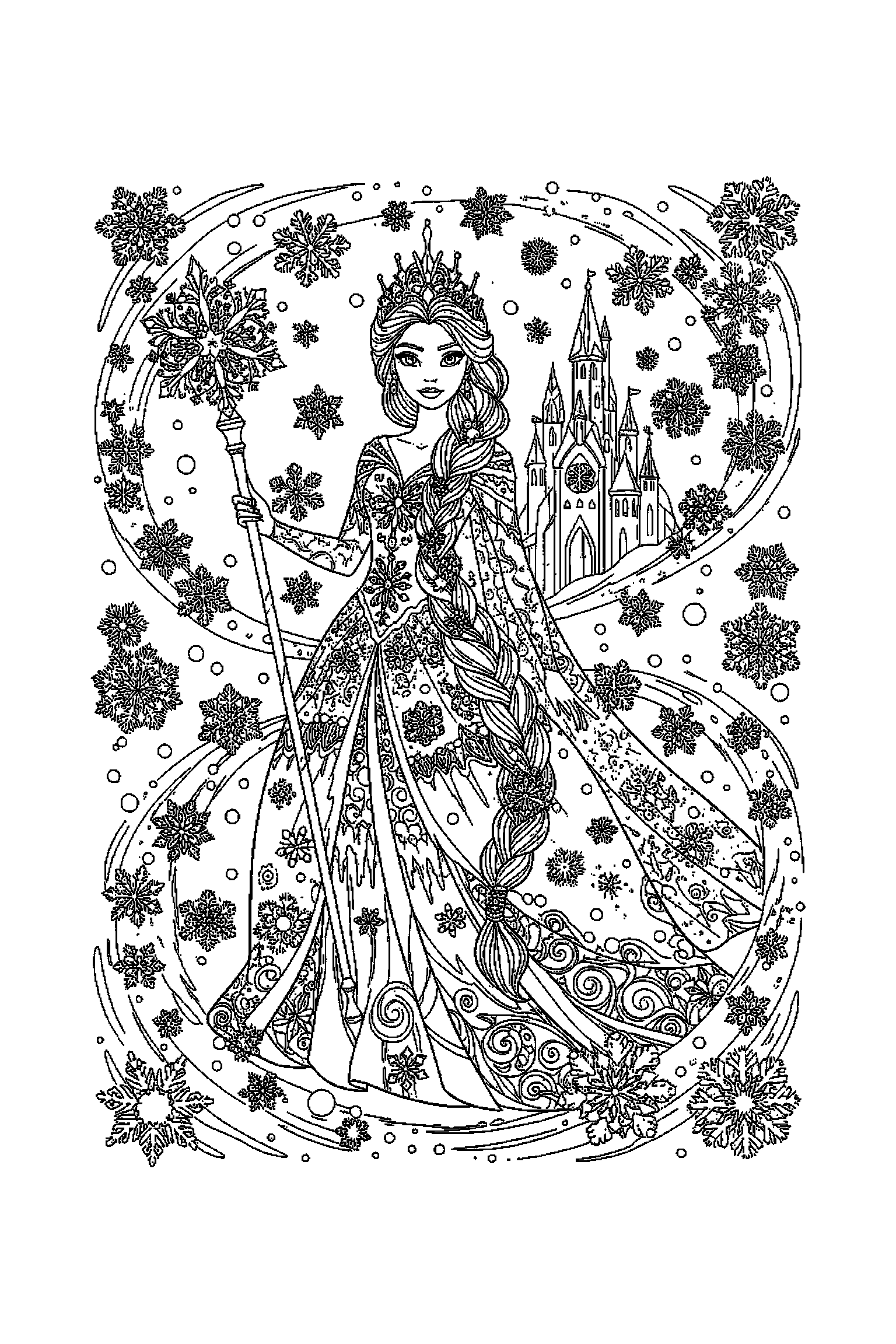 Coloriage Reine des Neiges gratuit à imprimer : portrait détaillé de Anna avec motifs cristaux