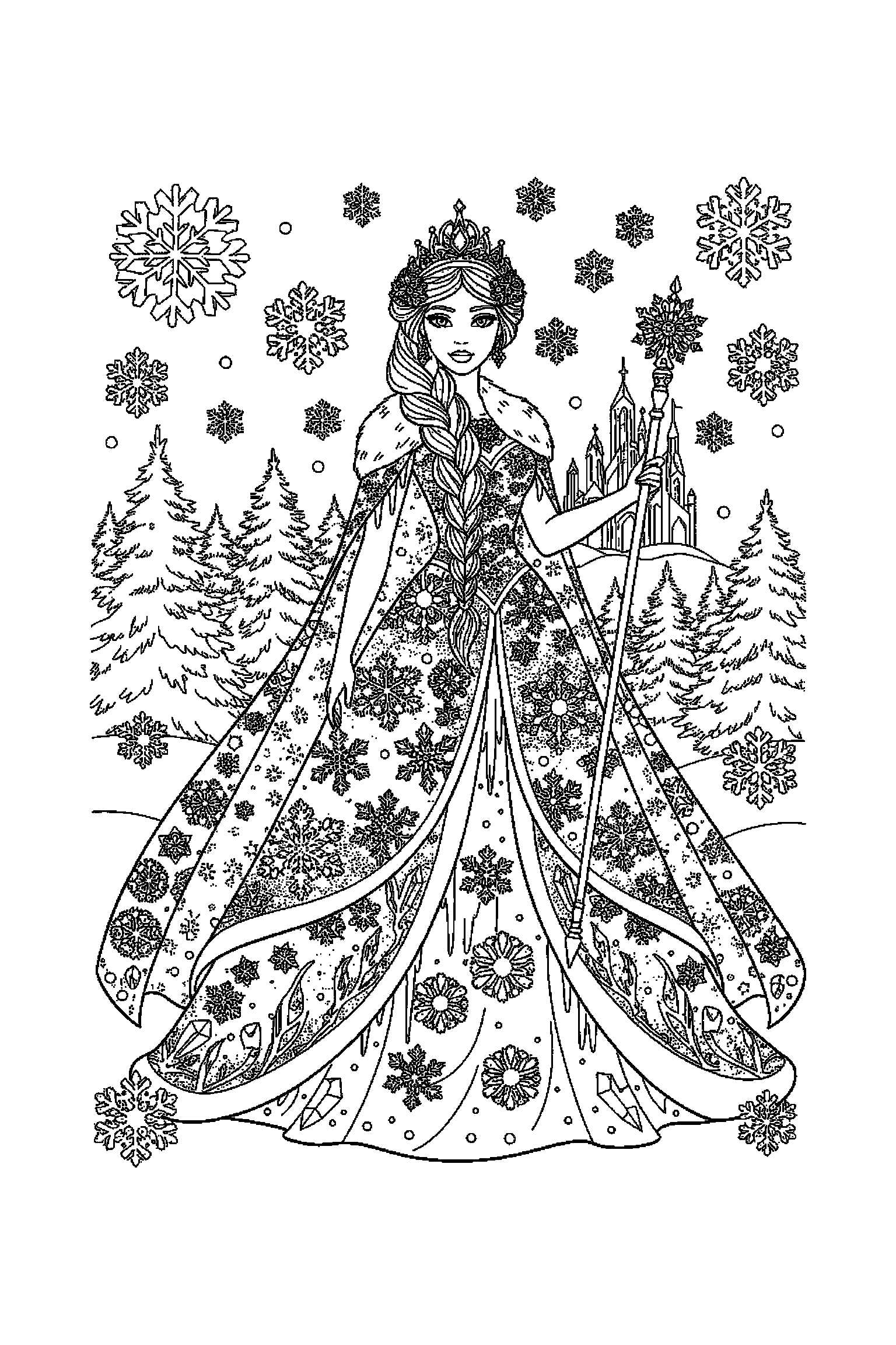 Coloriage Reine des Neiges gratuit à imprimer : Elsa, Anna et Olaf avec arrière-plan complet à colorier