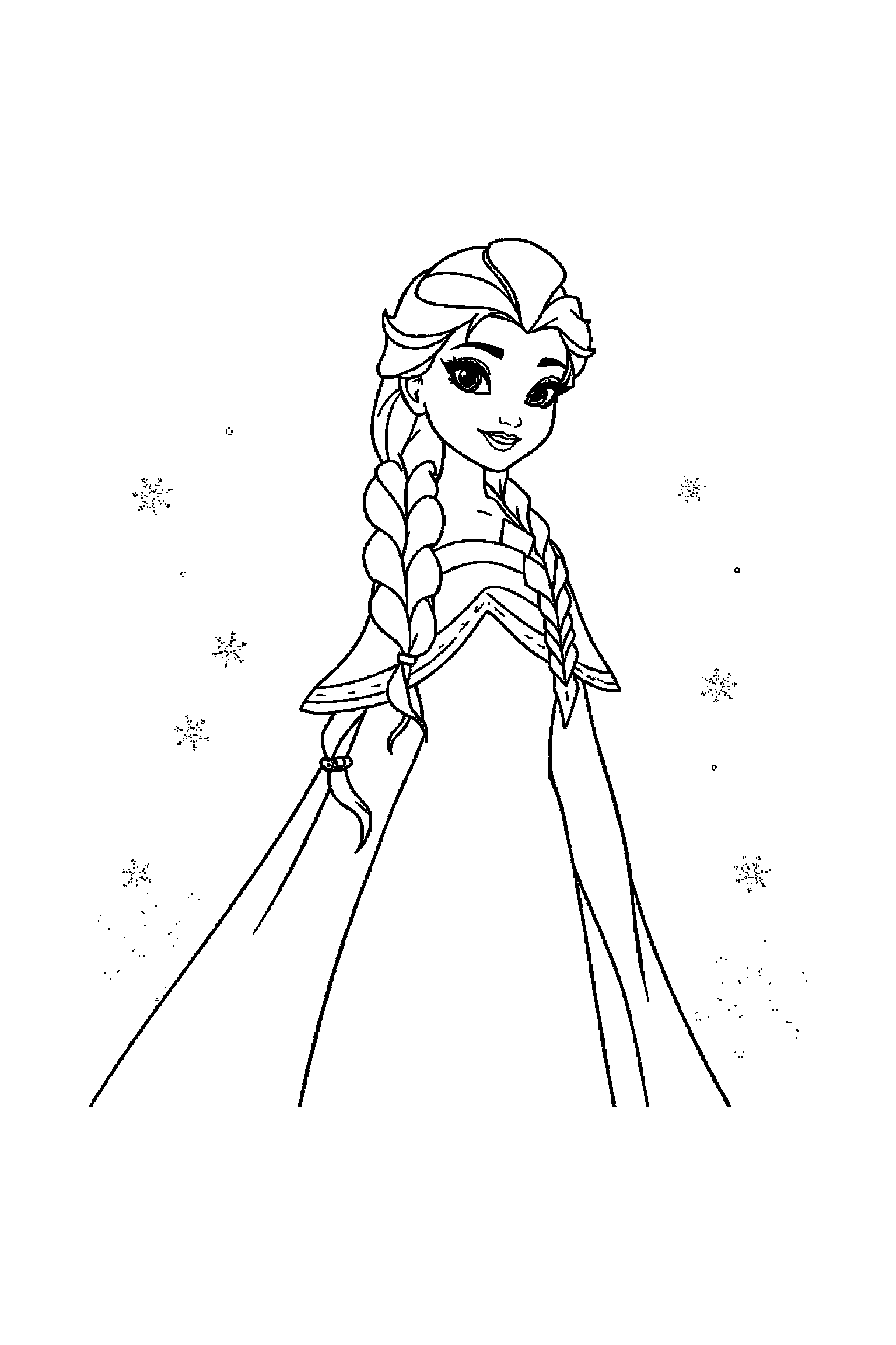 Coloriage Reine des Neiges gratuit à imprimer : une princesse des neiges entouré de sapins et petits détails