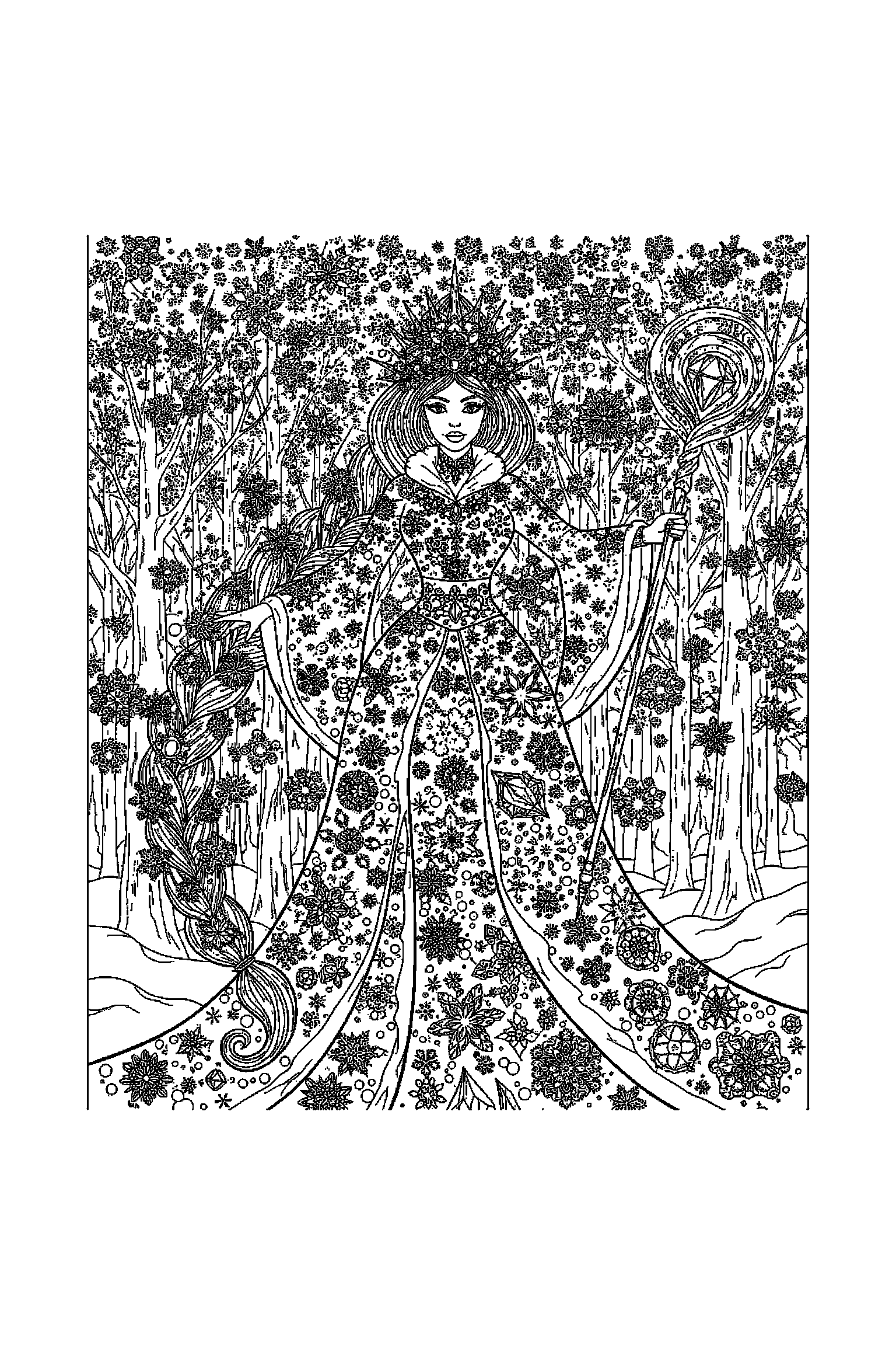 Coloriage Reine des Neiges gratuit à imprimer : poster A4 détaillé de Elsa avec mandala flocons