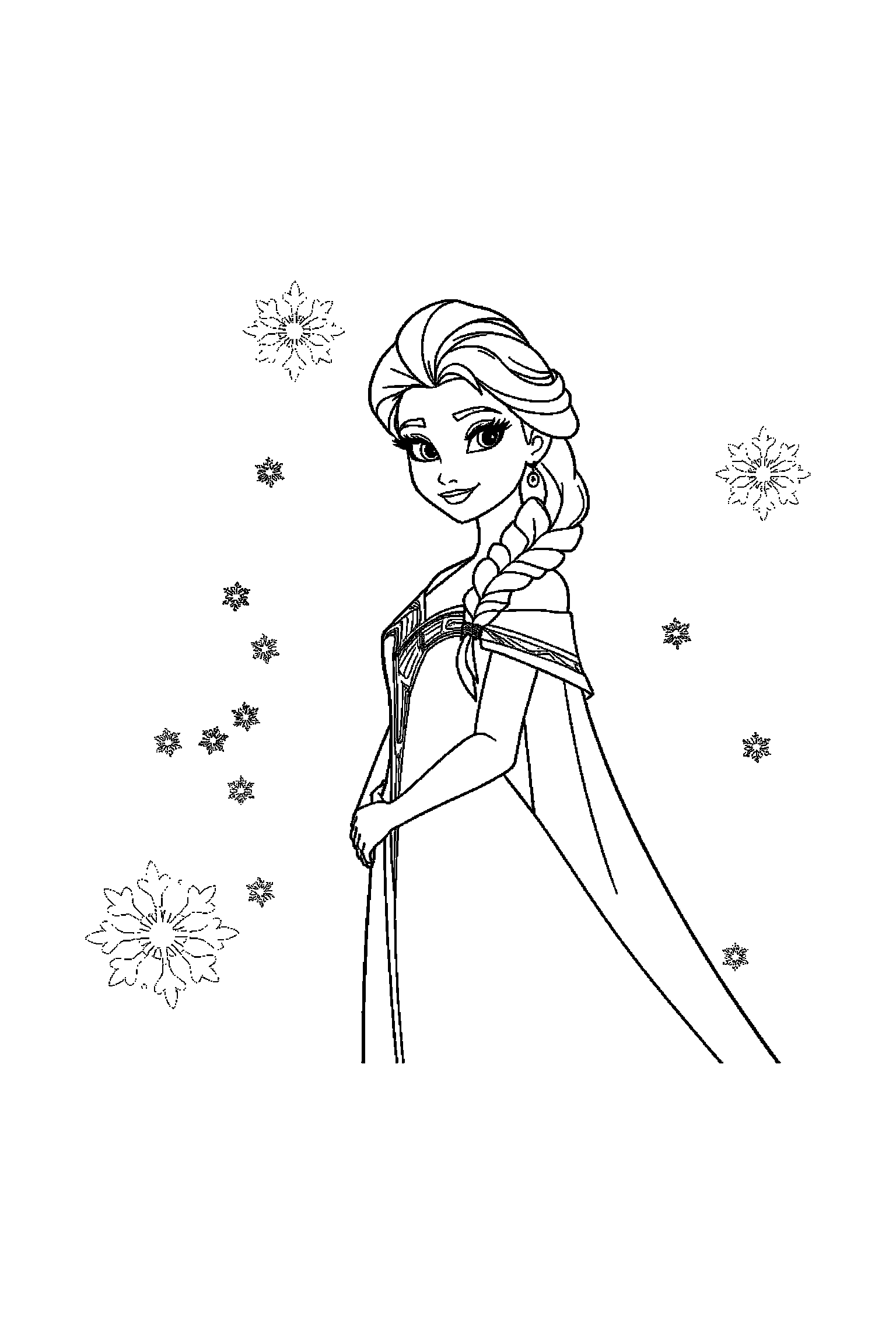 Coloriage Reine des Neiges gratuit à imprimer : poster A4 détaillé de Elsa avec mandala flocons