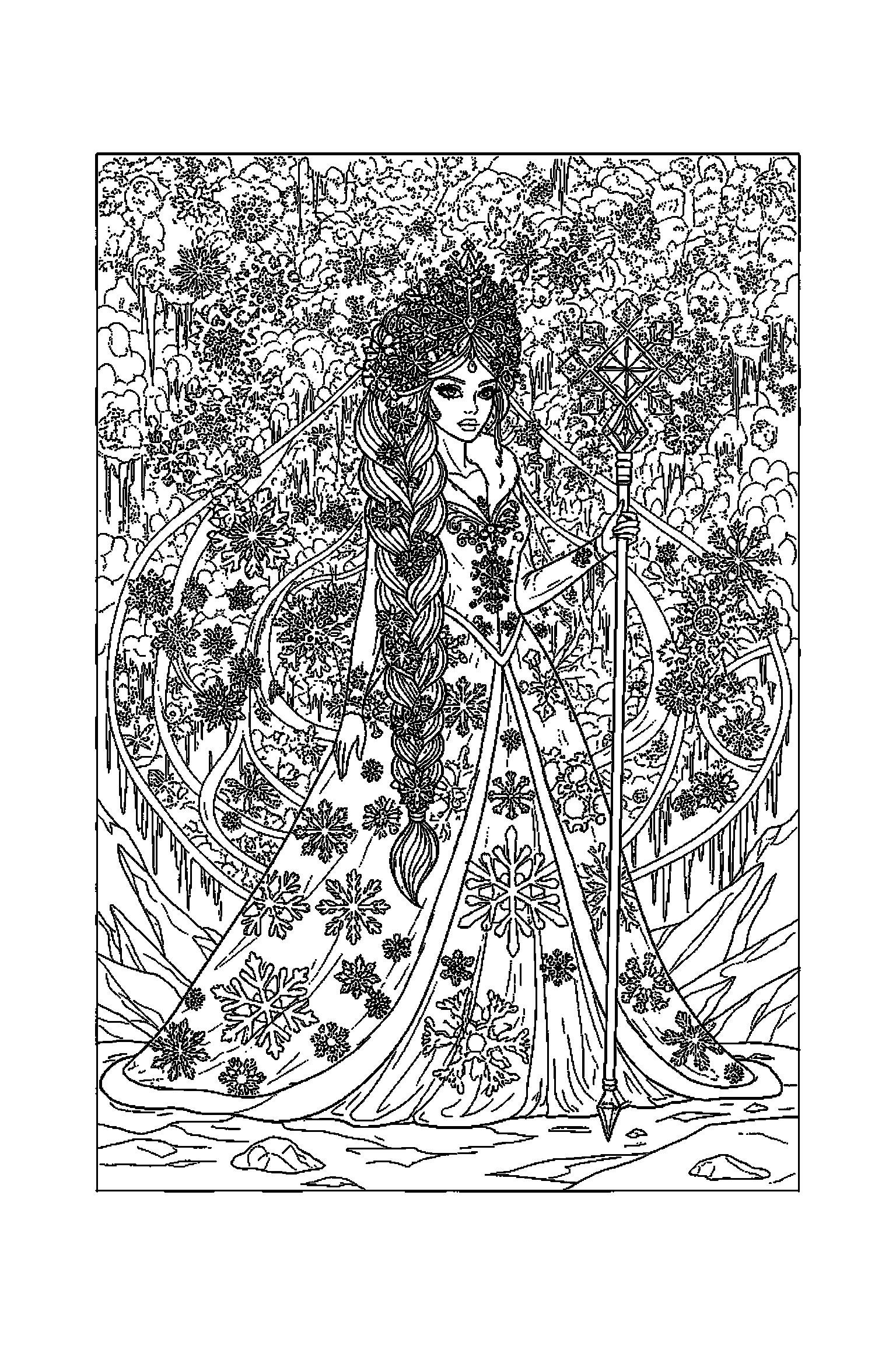 Coloriage Reine des Neiges gratuit à imprimer : Anna au centre avec scène détaillée de une forêt enneigée