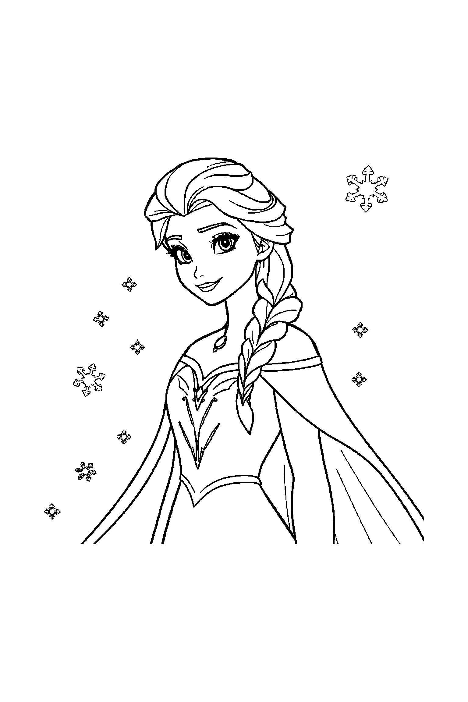 Coloriage Reine des Neiges gratuit à imprimer : Anna au centre avec scène détaillée de une forêt enneigée