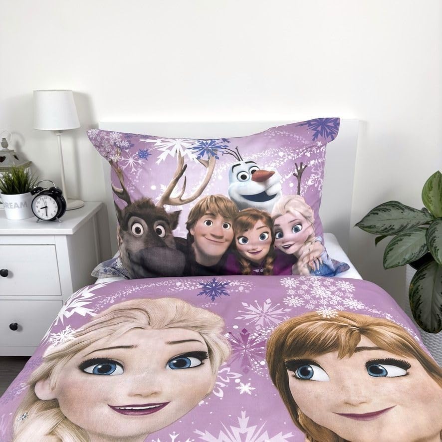 Parure de lit enfant Disney La Reine des Neiges Anna et Elsa en 100 % coton violet – Image 4