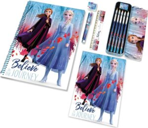 Set de papeterie Frozen Disney 12 pièces avec trousse en métal turquoise