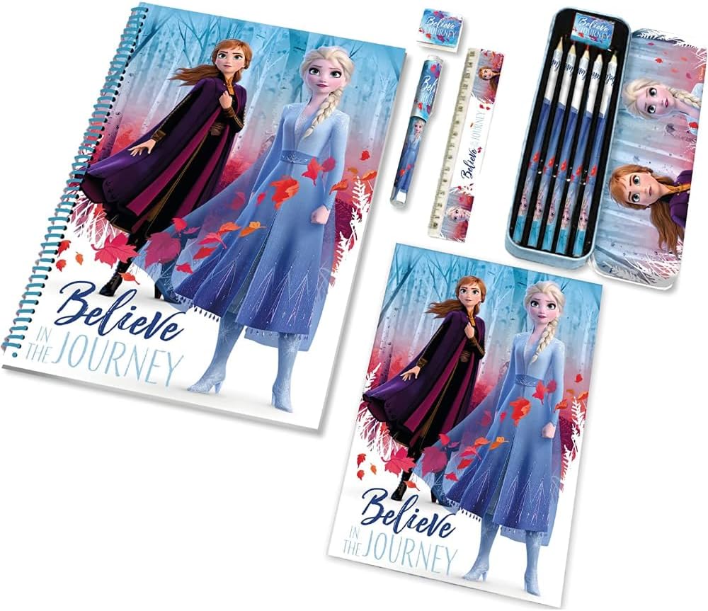 Set de papeterie Frozen Disney 12 pièces avec trousse en métal turquoise