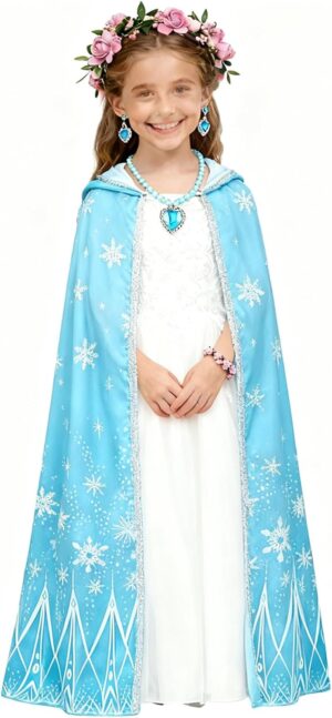 Cape à capuche Elsa La Reine des Neiges en tulle bleu flocons 110 cm