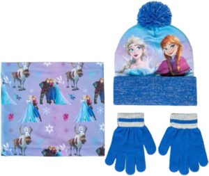 Ensemble enfant Anna et Elsa bleu foncé avec bonnet, gants et écharpe