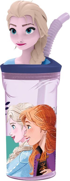 Gobelet Frozen Anna et Elsa avec paille intégrée et couvercle Elsa 3D