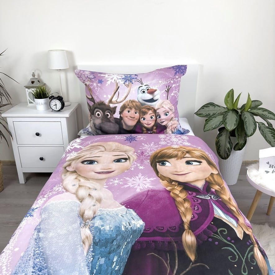 Parure de lit enfant Disney La Reine des Neiges Anna et Elsa en 100 % coton violet – Image 3