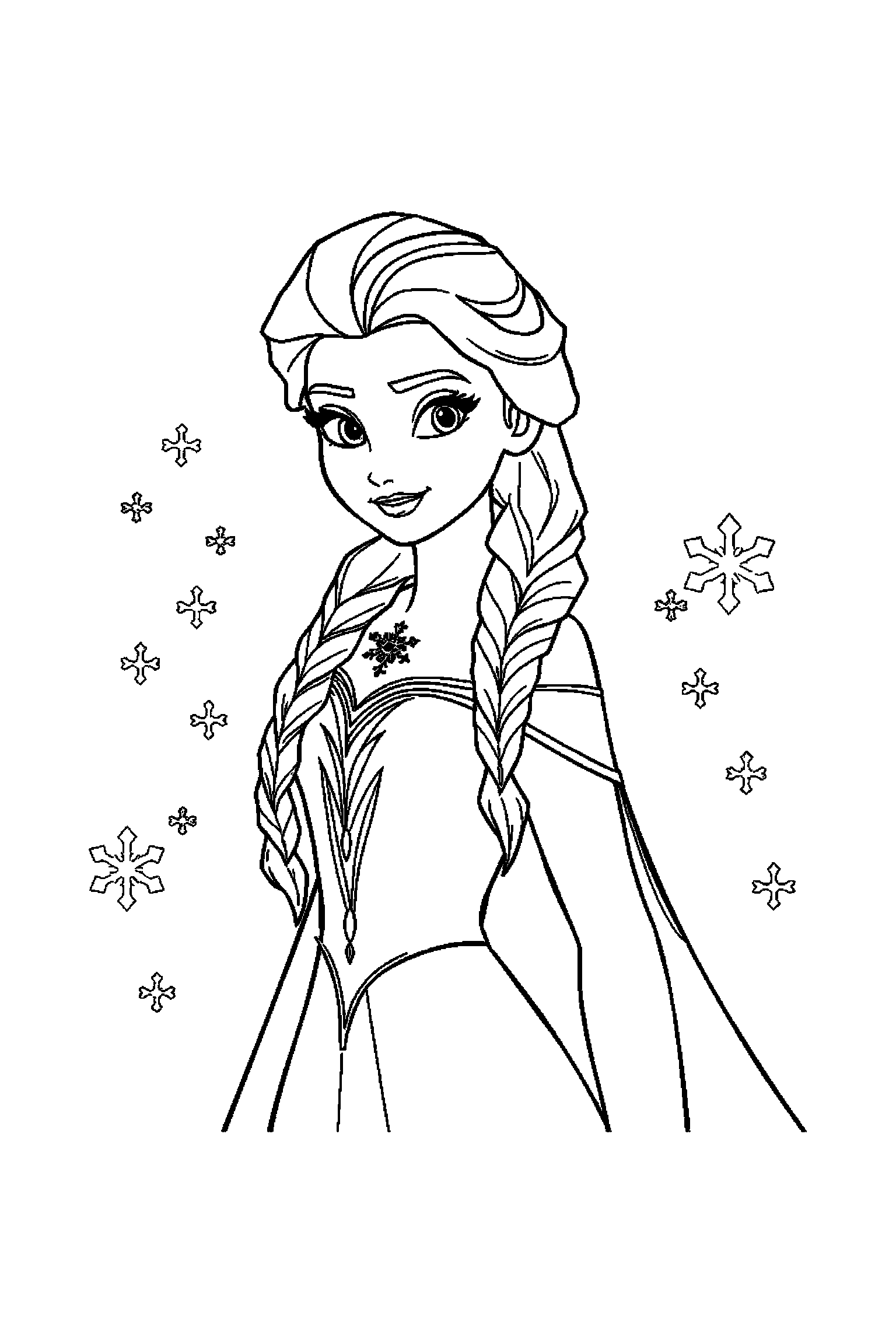 Coloriage Reine des Neiges gratuit à imprimer : grand coloriage détaillé de une princesse des neiges avec sapins