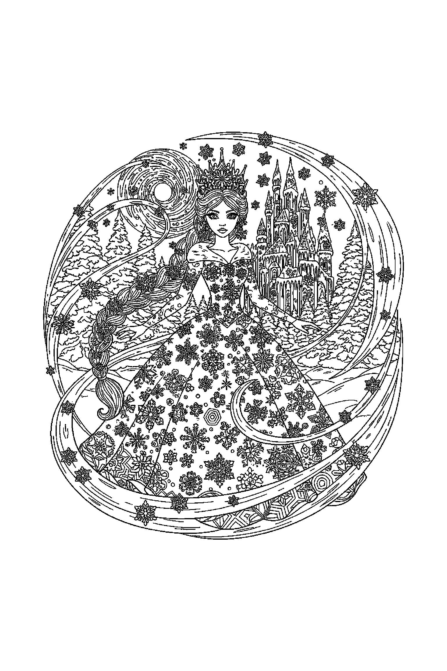Coloriage Reine des Neiges gratuit à imprimer : grand coloriage détaillé de une princesse des neiges avec sapins