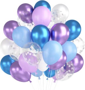 Lot de 60 ballons La Reine des Neiges bleu violet blanc avec confettis flocon