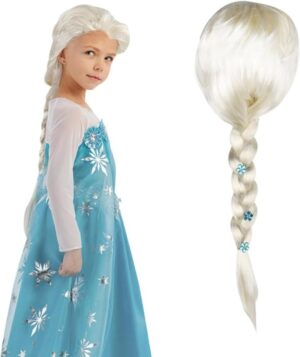 Perruque Elsa Reine des Neiges enfant avec diamant bleu, style Raiponce, dès 3 ans