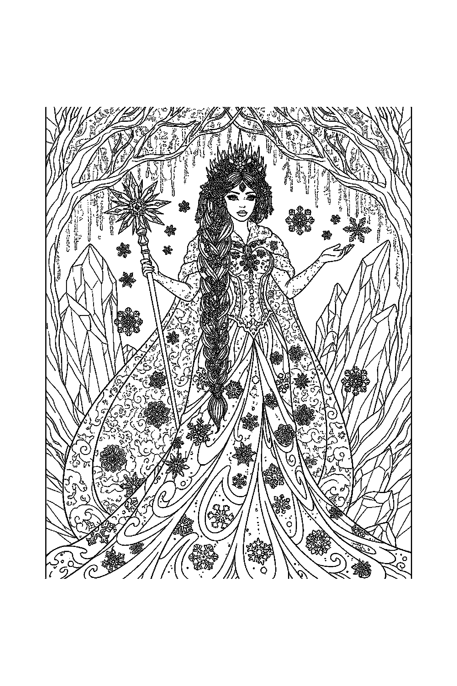 Coloriage Reine des Neiges gratuit à imprimer : poster A4 détaillé de Elsa avec mandala flocons