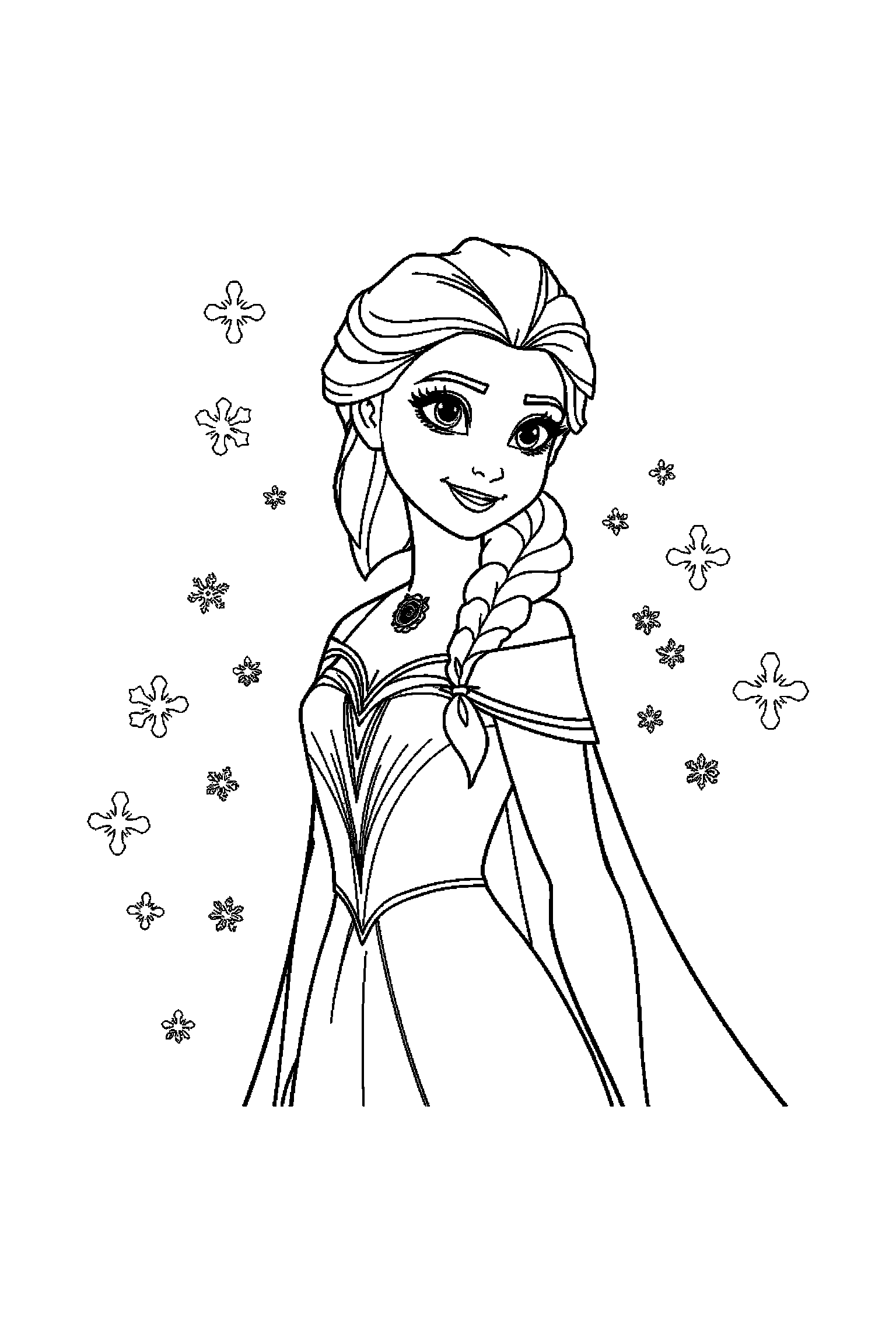 Coloriage Reine des Neiges gratuit à imprimer : poster A4 détaillé de Elsa avec mandala flocons