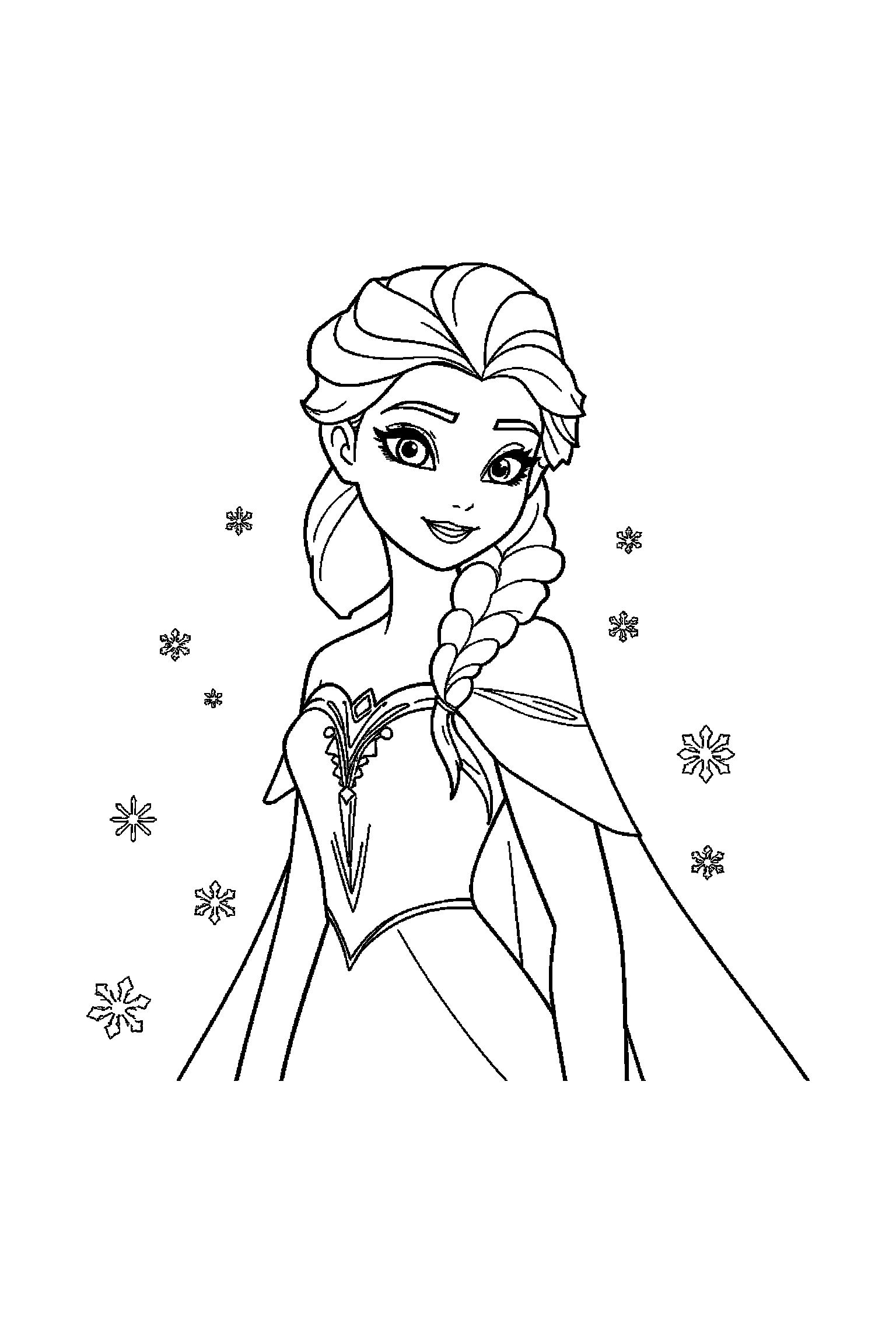 Coloriage Reine des Neiges gratuit à imprimer : Anna au centre avec scène détaillée de une forêt enneigée