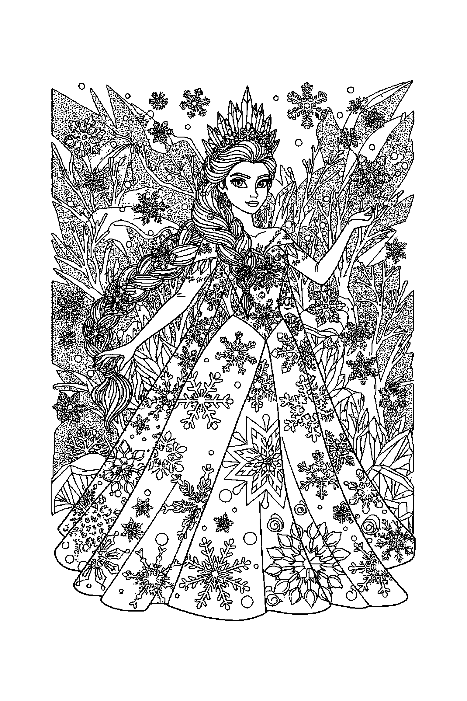 Coloriage Reine des Neiges gratuit à imprimer : Anna au centre avec scène détaillée de une forêt enneigée