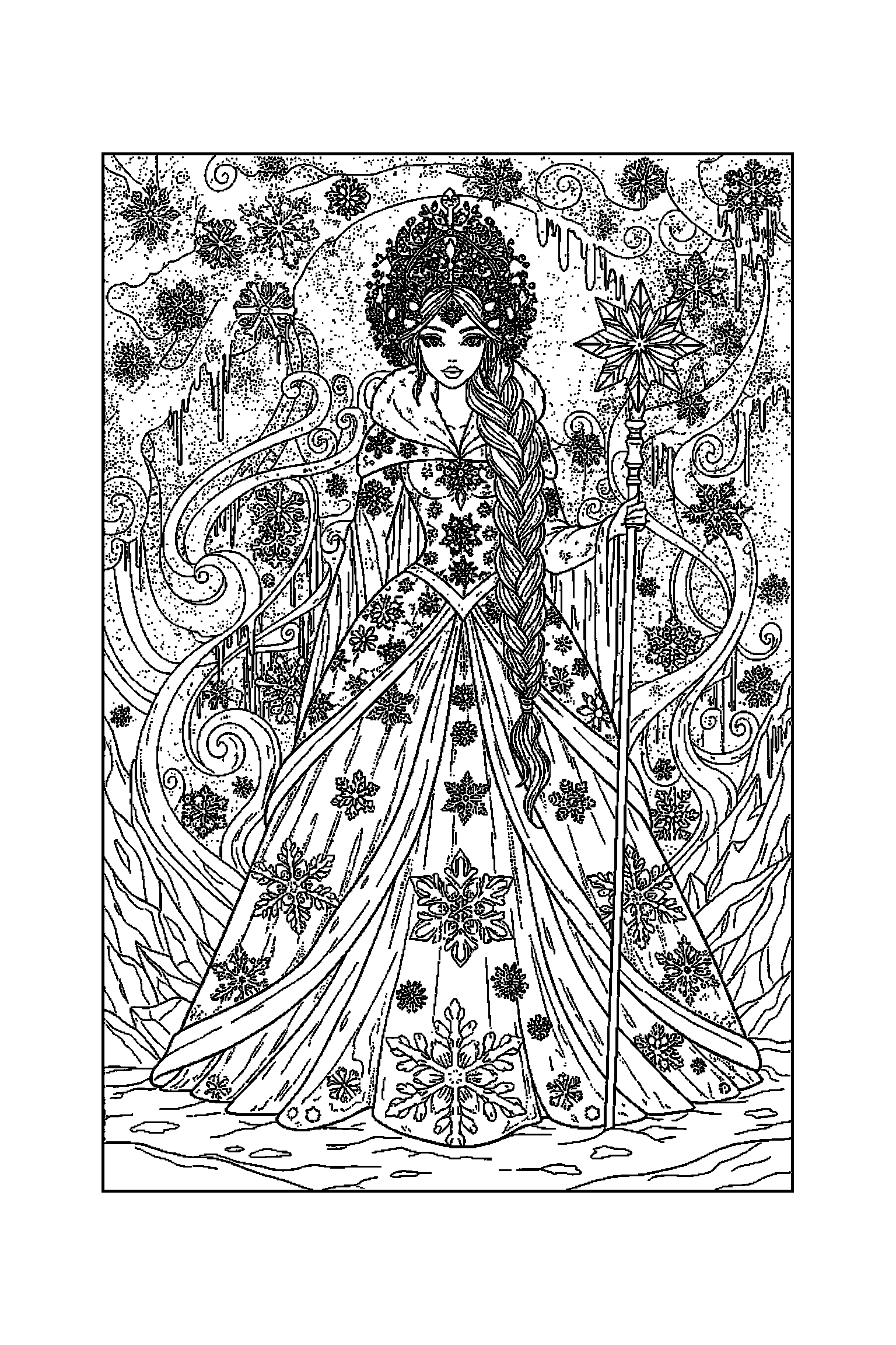 Coloriage Reine des Neiges gratuit à imprimer : scène verticale détaillée avec Kristoff et un bonhomme de neige