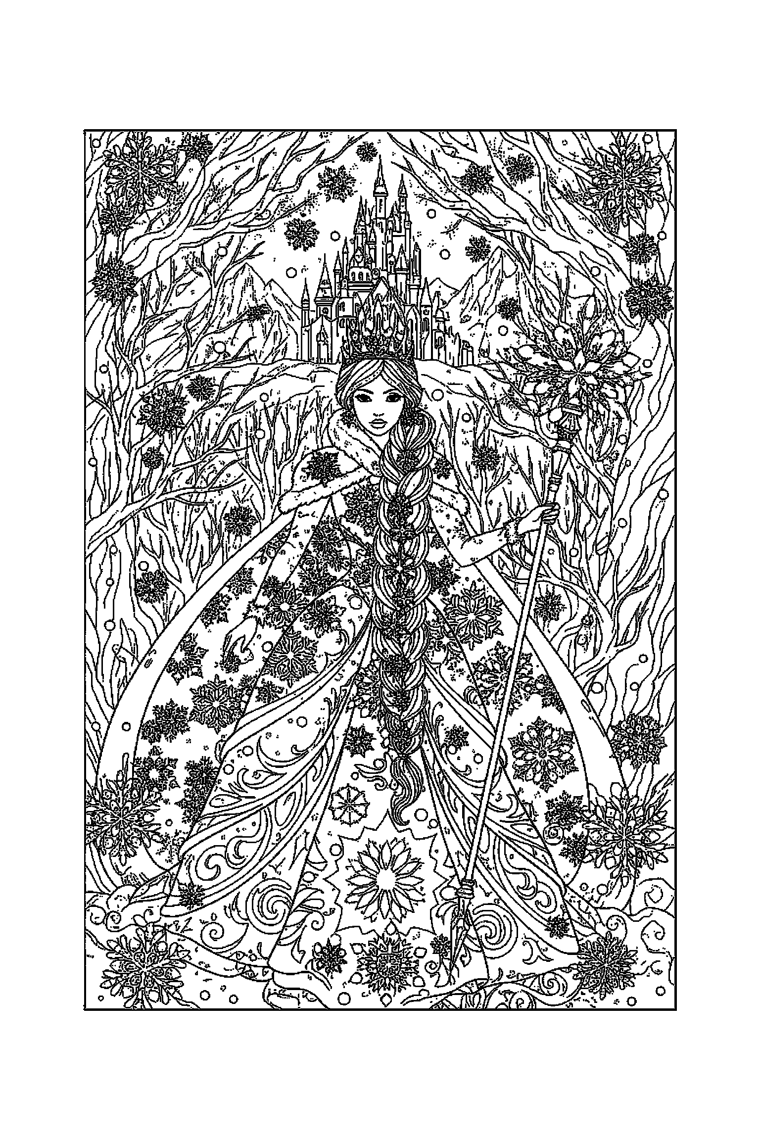 Coloriage Reine des Neiges gratuit à imprimer : grand coloriage détaillé de une princesse des neiges avec sapins